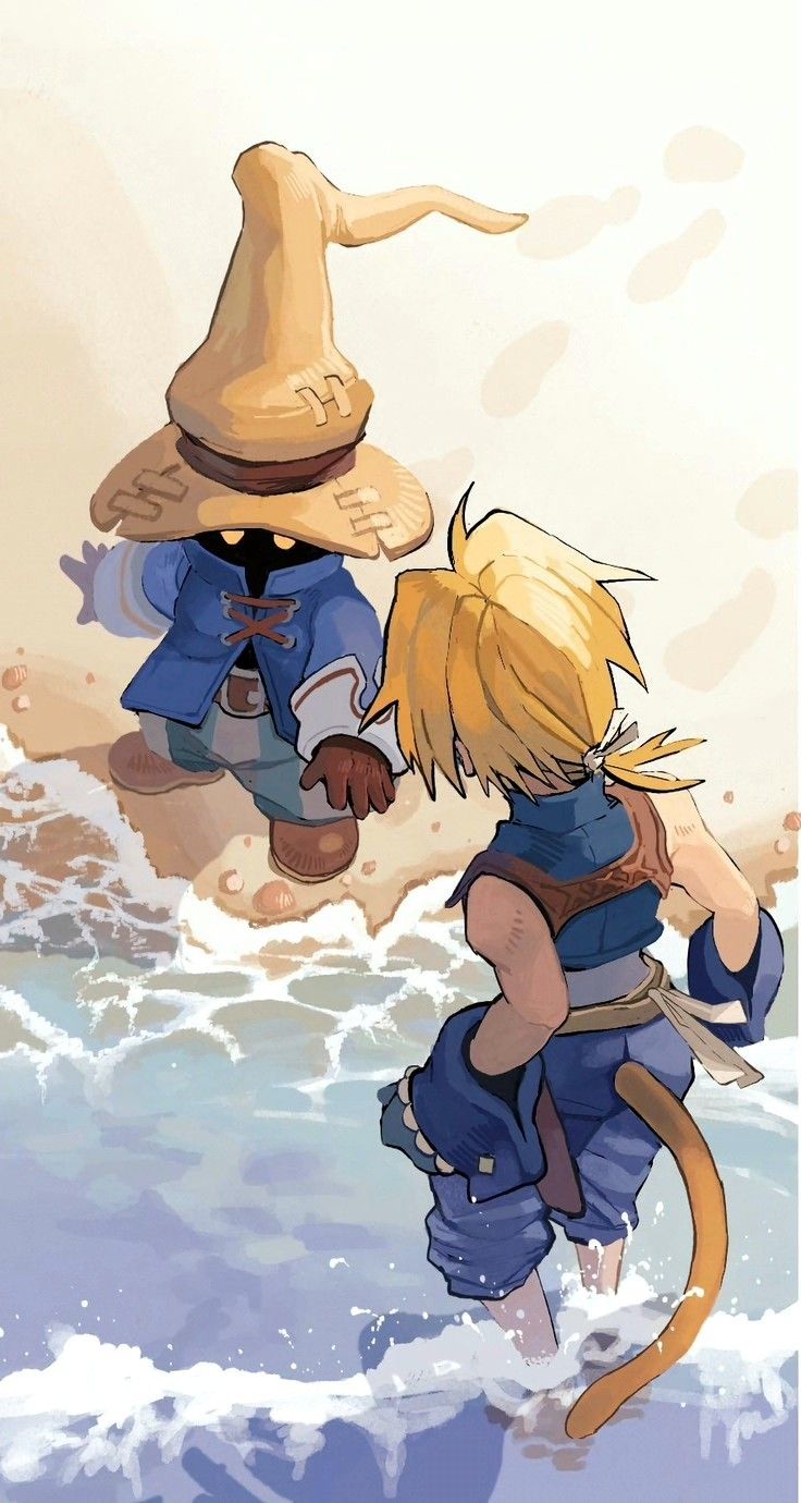 an illustration of the characters zidane tribal and vivi ornitier from the video game final fantasy ix standing on a beach, with zidane in the water and vivi on the sand. zidane has a tail and is wearing a blue outfit. vivi has a large, pointed hat and is also wearing blue.