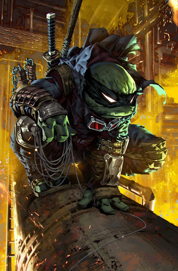 a digital art illustration of a greenskinned ninja turtle superhero, set against a futuristic, gritty, and postapocalypticlooking industrial cityscape. the turtle is wearing a black mask and armor, wielding a katana. the ninja turtle is looking at the viewer, with a determined expression, ready to fight.