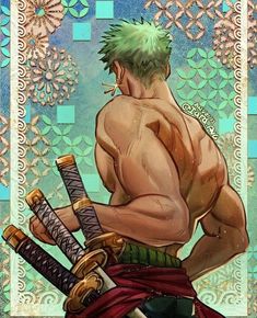 this is an illustration of the character roronoa zoro from the one piece anime/manga series. zoro is shirtless, facing away from the viewer, and holding the hilts of three katanas. his back is towards the viewer, showcasing his muscular build and the scar across his torso. he is positioned against an intricate japaneseinspired patterned background. the lighting is soft, creating a gentle and dramatic atmosphere.