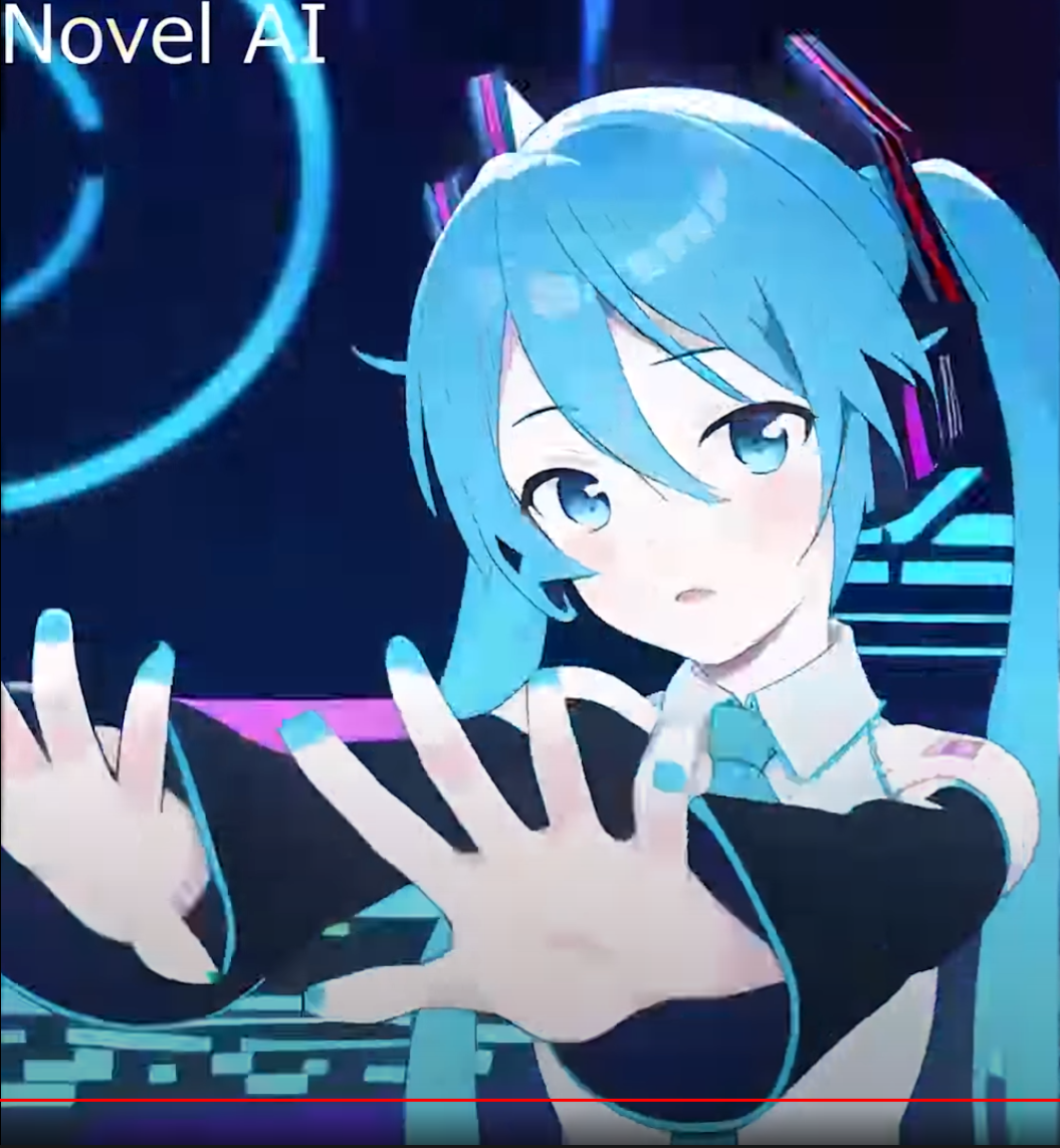 the image features hatsune miku, a virtual idol, on a digital stage with bright neon lights.  miku is in the middle of a song and dance performance.