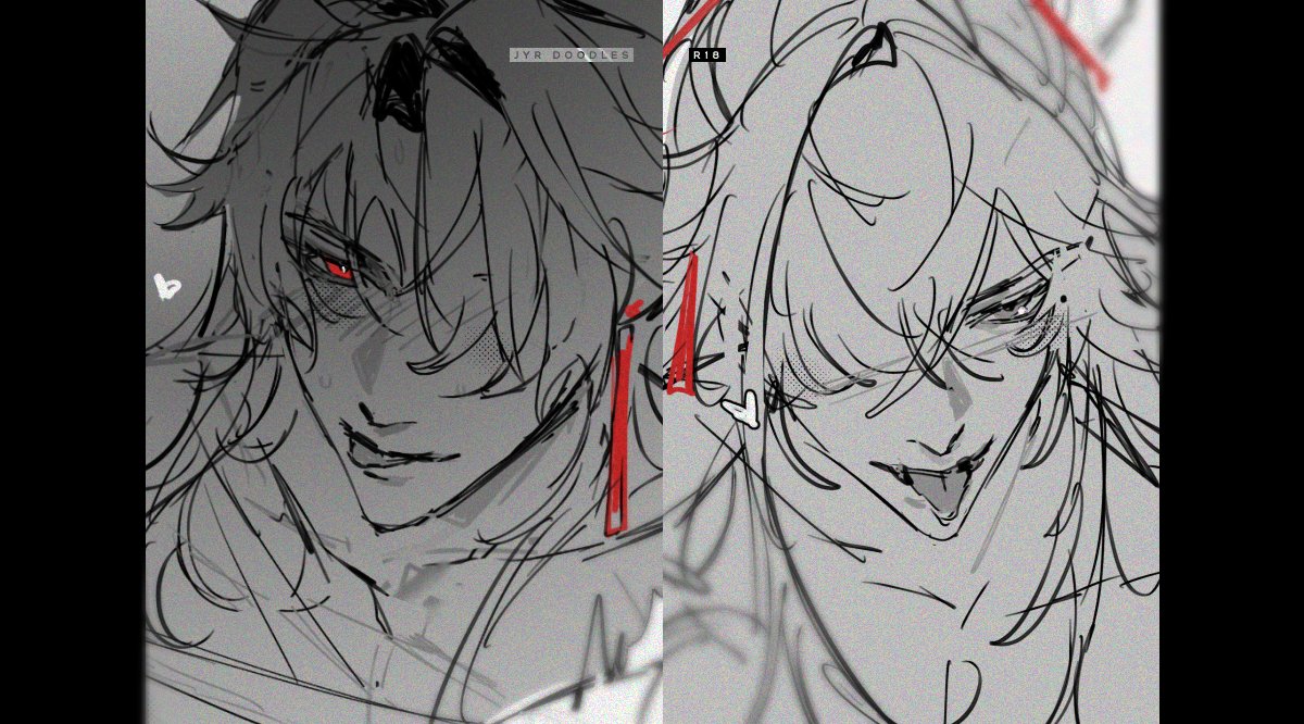 this image is a black and white digital sketch of two animestyle