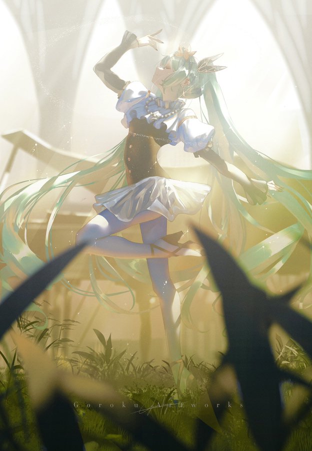 a young woman with long, flowing blue hair dances in a sundappled clearing. she wears a blue and white dress with a black bodice, and her hair is adorned with flowers. the clearing is overgrown with greenery, and the sun's rays stream through the leaves, creating a warm and ethereal atmosphere.