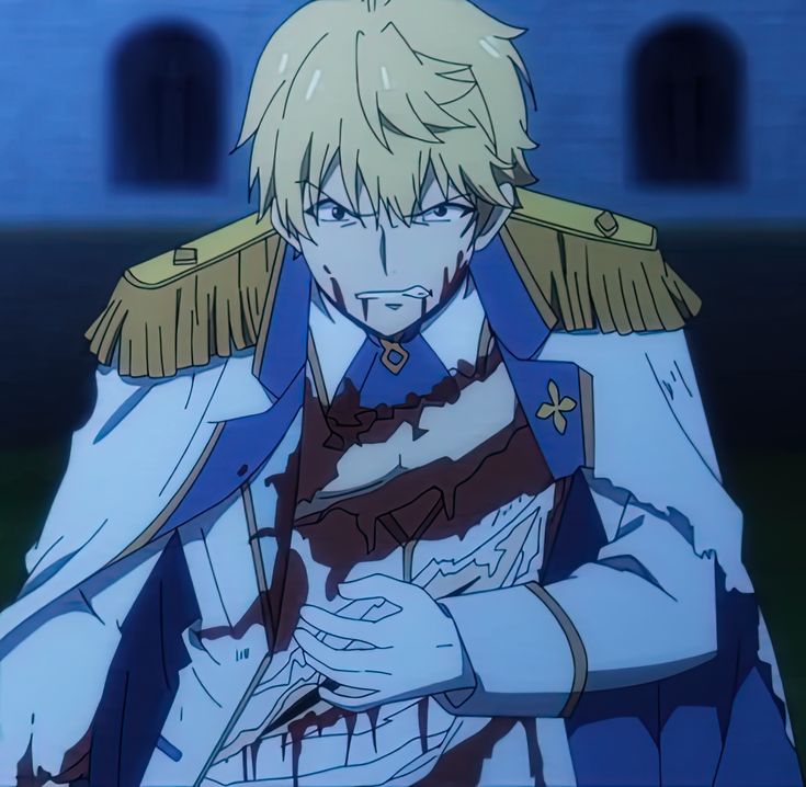 the image is from an anime and it features a young male character with blond hair. he is wearing a white shirt and a blue jacket. the character is injured and covered in blood. the character's expression is serious and angry. he is holding his chest, where the most obvious wound is.  the character appears to be dying.  the background is a blur of blue, making the character the focus.