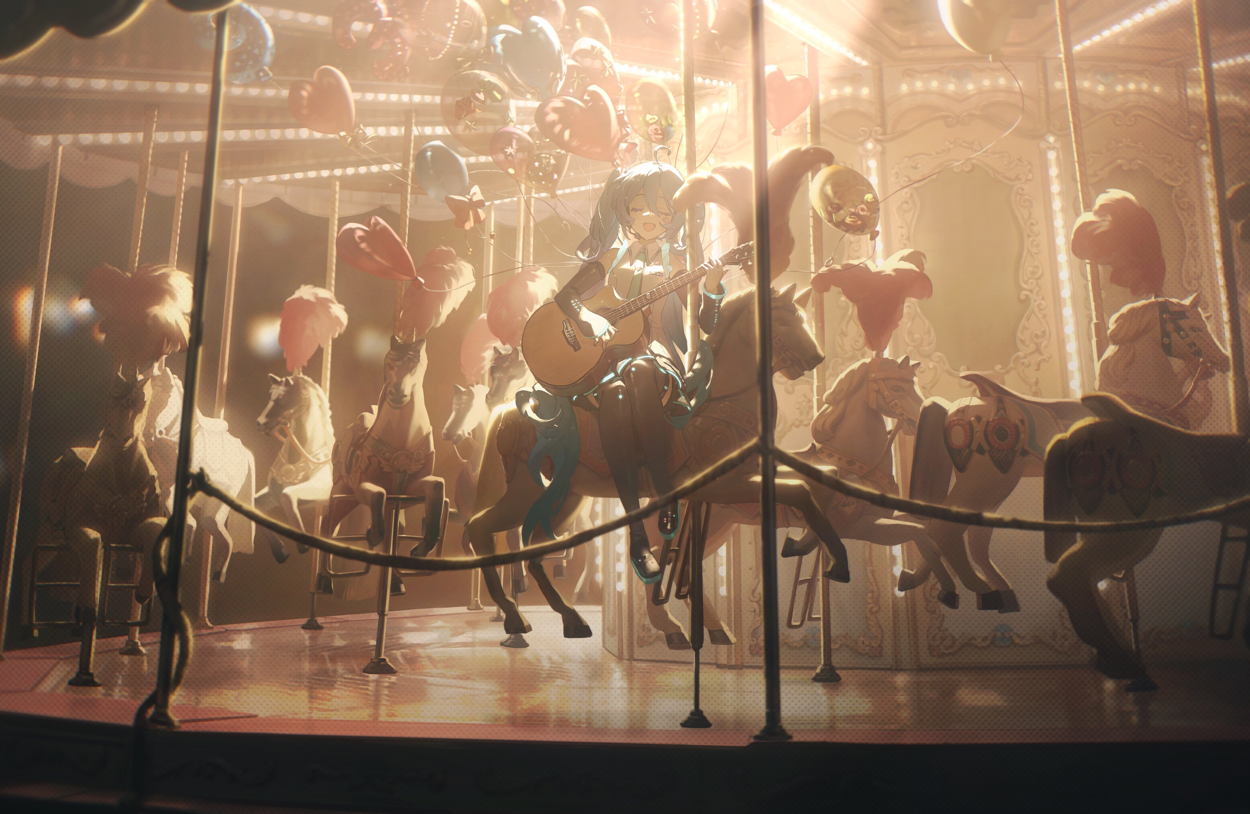 the image depicts an anime girl sitting on a carousel horse, playing a guitar. the carousel is filled with other horses and heartshaped balloons. the scene is bathed in warm light, creating a dreamlike, whimsical atmosphere.