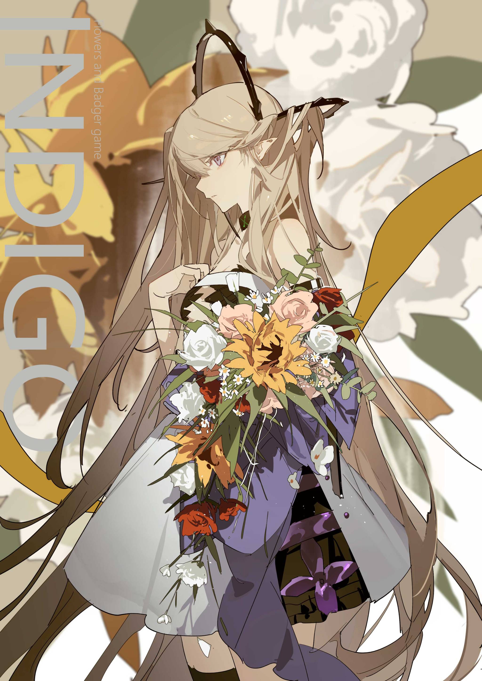 the image is an animestyle illustration of a woman with long, flowing blonde hair and purple eyes. she is depicted in profile, holding a large bouquet of flowers. the bouquet includes sunflowers, roses in various colors, and smaller white flowers. she has pointed ears and darkcolored ornaments resembling insect antennae or horns. she is wearing a lightcolored cape or shawl. the background features stylized flower shapes and the word "indigo" in large, silver letters, along with smaller text that reads "flowers in badger game". the overall style is soft and detailed, with a focus on the character and the floral arrangement.