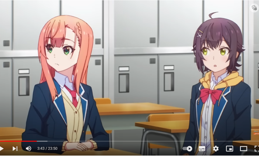 the image shows a screenshot of two anime girls in school uniform. the girl on the left has long orange hair and green eyes, while the girl on the right has short brown hair and yellow eyes. they both have surprised expressions on their face. the background of the image is a classroom setting, with lockers, desks, and chairs.