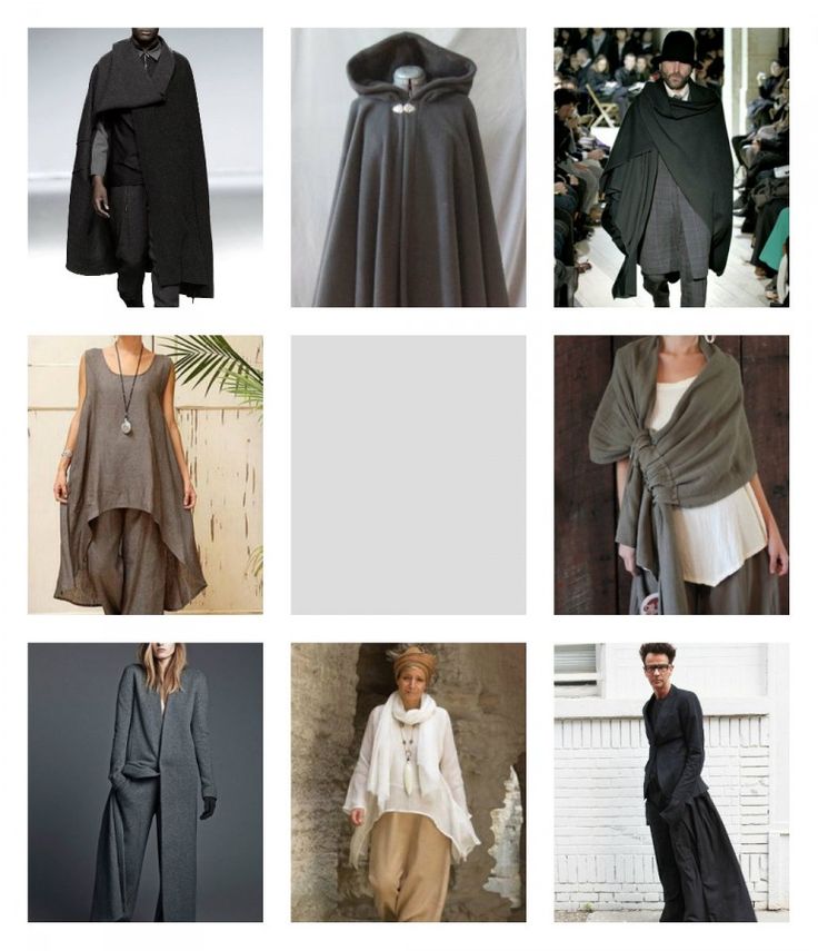 this is a collage of 9 different fashion styles for women. they are all wearing different styles of clothing, from casual to chic, and each has their own unique look. some styles include a long grey cape, a black hooded jacket, a beige scarf, a long black skirt, and a grey cardigan.