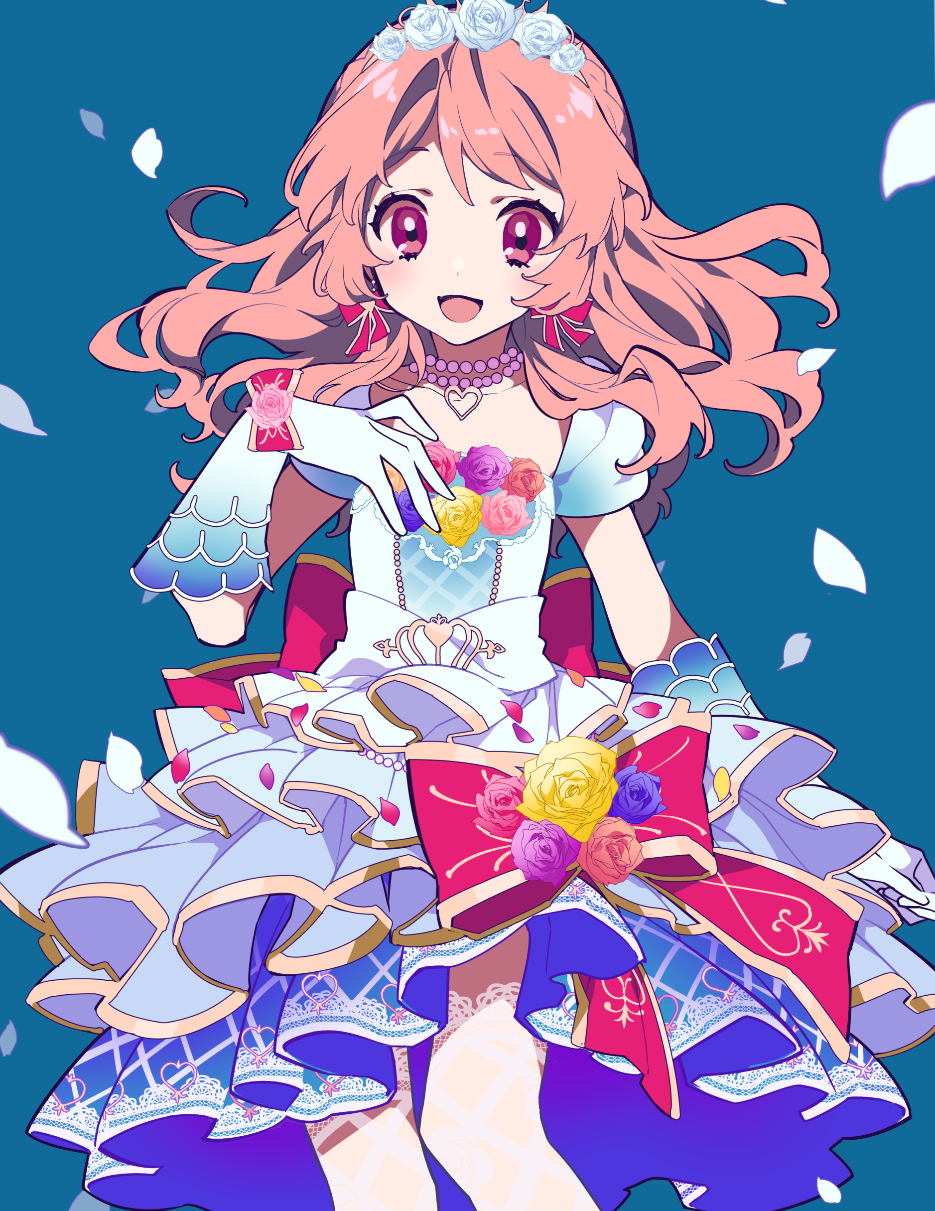 a fullbody anime illustration of a young girl with pink hair and pink eyes, wearing a white dress adorned with roses, frills, and a large bow. she has a flower crown on her head, gloves on her hands, and a necklace around her neck. white petals are falling around her against a blue background.