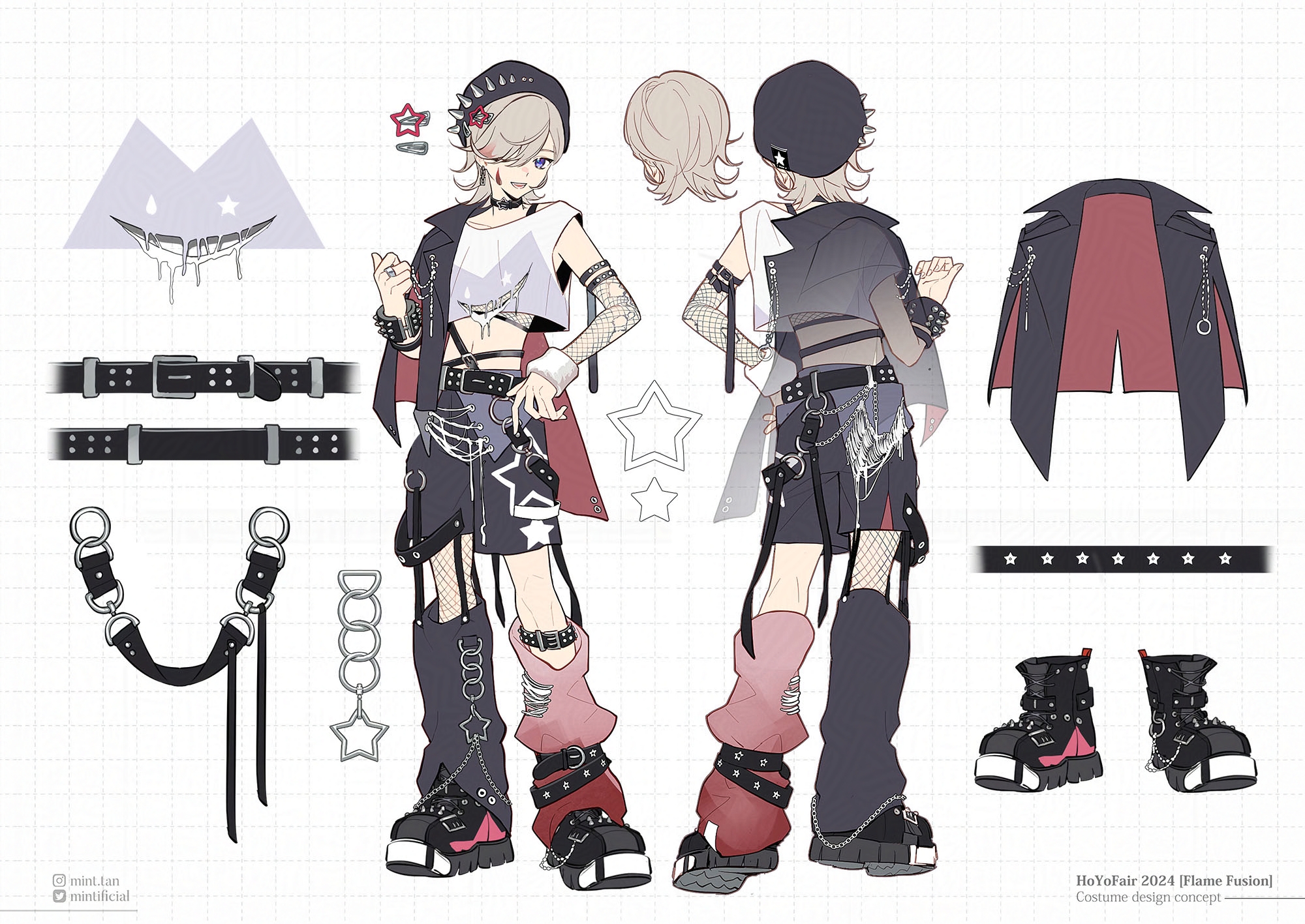 this is an illustration of a male anime character in a punk rock style outfit. the illustration is divided into two sides, showing the front and back of the character. the character is wearing a black and white shirt with a red and black jacket. he has a black belt with chains and a chain necklace. he also wears black boots and a chain bracelet. his hair is gray and he has a small red mark on his face.  the illustration also shows the different accessories that the character is wearing, including the chain necklace, chain bracelet, black belt, boots, and a chain keychain. the illustration is done in a digital style and looks very professional.