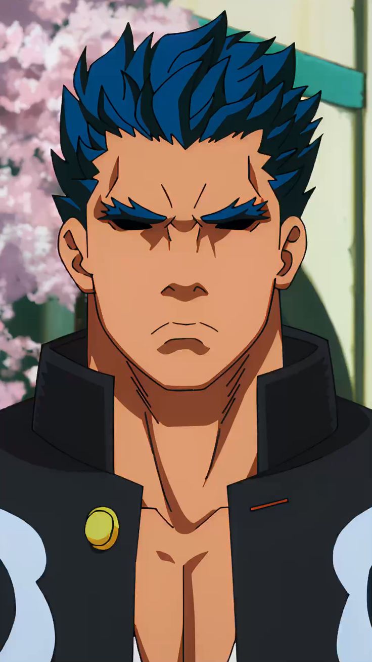 a closeup portrait of a young man with spiky blue hair set against a backdrop of a garden with pink blossoms. he has a stern expression on his face, his dark eyes conveying seriousness and determination. the man possesses a muscular physique, hinting at his strength and confidence. he is wearing a black jacket with a white symbol on it, leaving his chest partially exposed. the background features soft lighting, highlighting the subject's features.