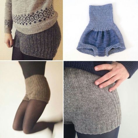 the image contains four different photos of knitted shorts. the shorts are made of wool or a similar material and appear to be highwaisted. some of the shorts are ribbed knit, while others have a smoother texture. the colors include gray, blue, and brown. in some images, the shorts are worn with leggings or sweaters.