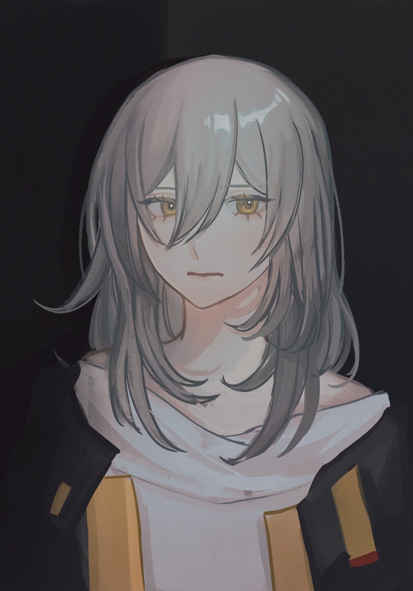 a digital drawing of a young girl. the girl is depicted with long white hair, yellow eyes and a sad expression. she is wearing a black jacket with a white shirt underneath. her hair covers most of her face. the background is a dark grey.
