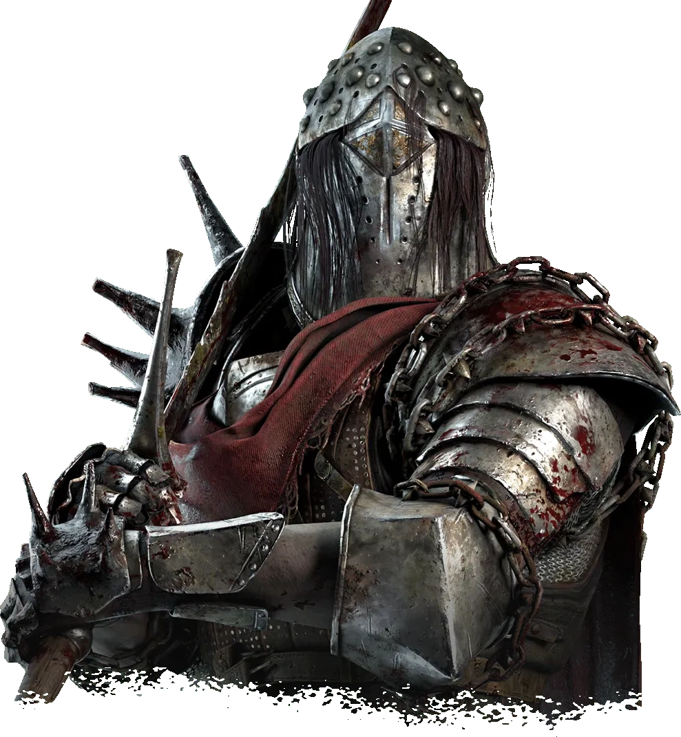 the image features a closeup of a heavily armored knight, likely from a dark fantasy setting. the knight's armor is intricately detailed with spikes and chains, and it is heavily bloodstained, hinting at brutal battles. the lowkey lighting and dramatic chiaroscuro enhance the intimidating and powerful presence of the warrior. the closeup perspective emphasizes the details of the weathered armor and bloodstains, adding to the gritty and realistic feel.  the dark background further isolates the figure, focusing the viewer's attention on the knight and their intimidating presence.