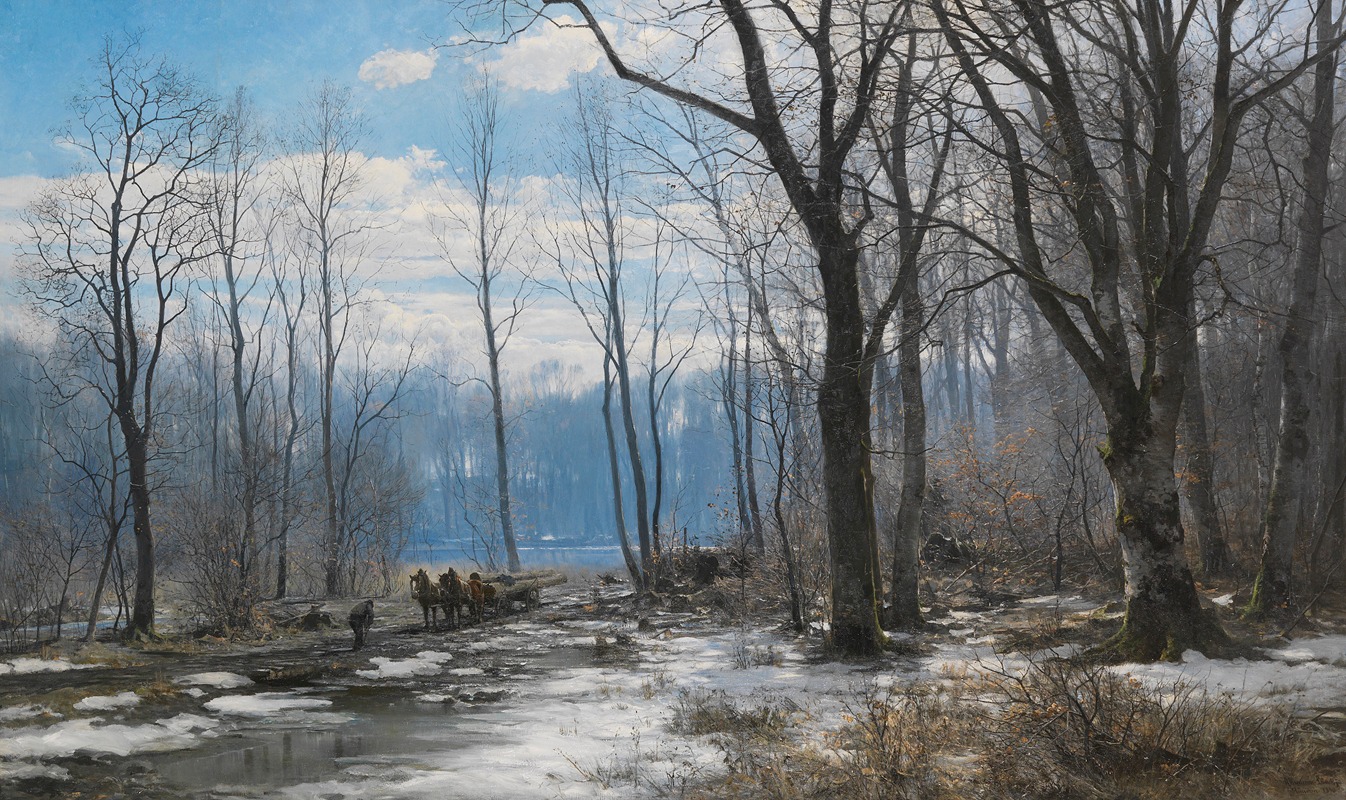 the image is a 19thcentury painting depicting a winter forest scene. bare trees dominate the landscape, with snow covering the ground and a small stream or pond visible in the foreground. a horsedrawn carriage with a log in tow is being guided by a man through the forest, suggesting a logging operation. the sky is blue with some clouds.