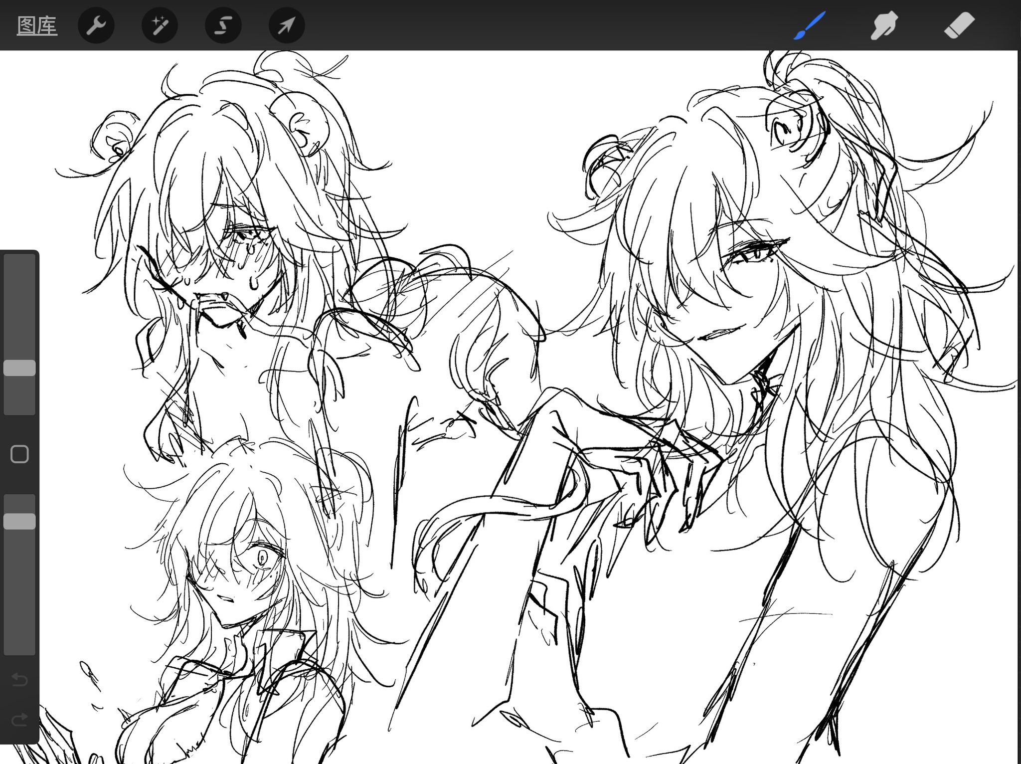 this is a black and white digital art sketch of three anime female characters. the characters are drawn in a rough, unfinished style, with a lot of lines and scribbles. the characters have different expressions, and it's unclear what they are doing or what the story is. the focus of the image is on the faces and hair of the characters. the background is white.