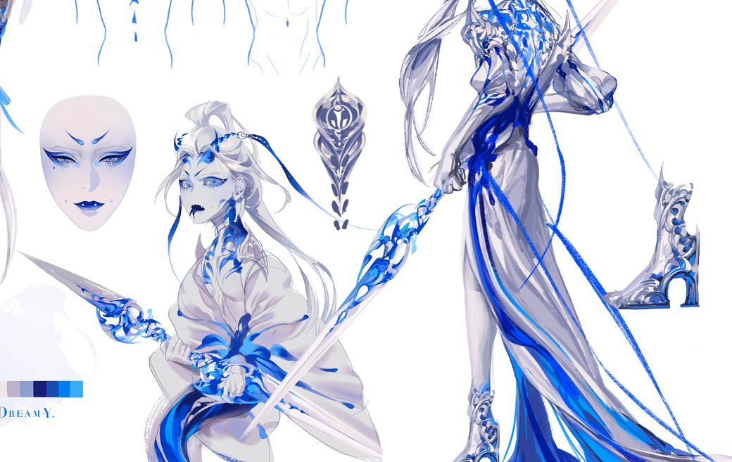 the image showcases a digital illustration of a fantasy character concept. a woman with flowing white hair, adorned in white and blue attire, holds a staff with intricate designs. the art features a palette of white, blue, and silver, creating an ethereal and elegant aesthetic. details like a mask, footwear, and weapon variations are included, providing a comprehensive view of the character's design.
