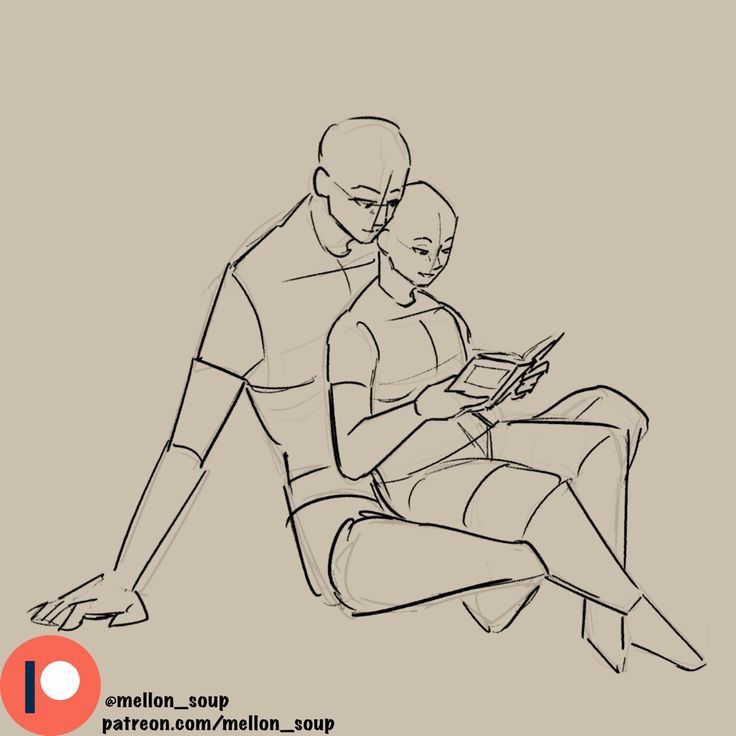 a simple line drawing of a couple sitting together, one leaning their head on the other's shoulder as they read a book together.  the drawing has a warm and affectionate feel to it.