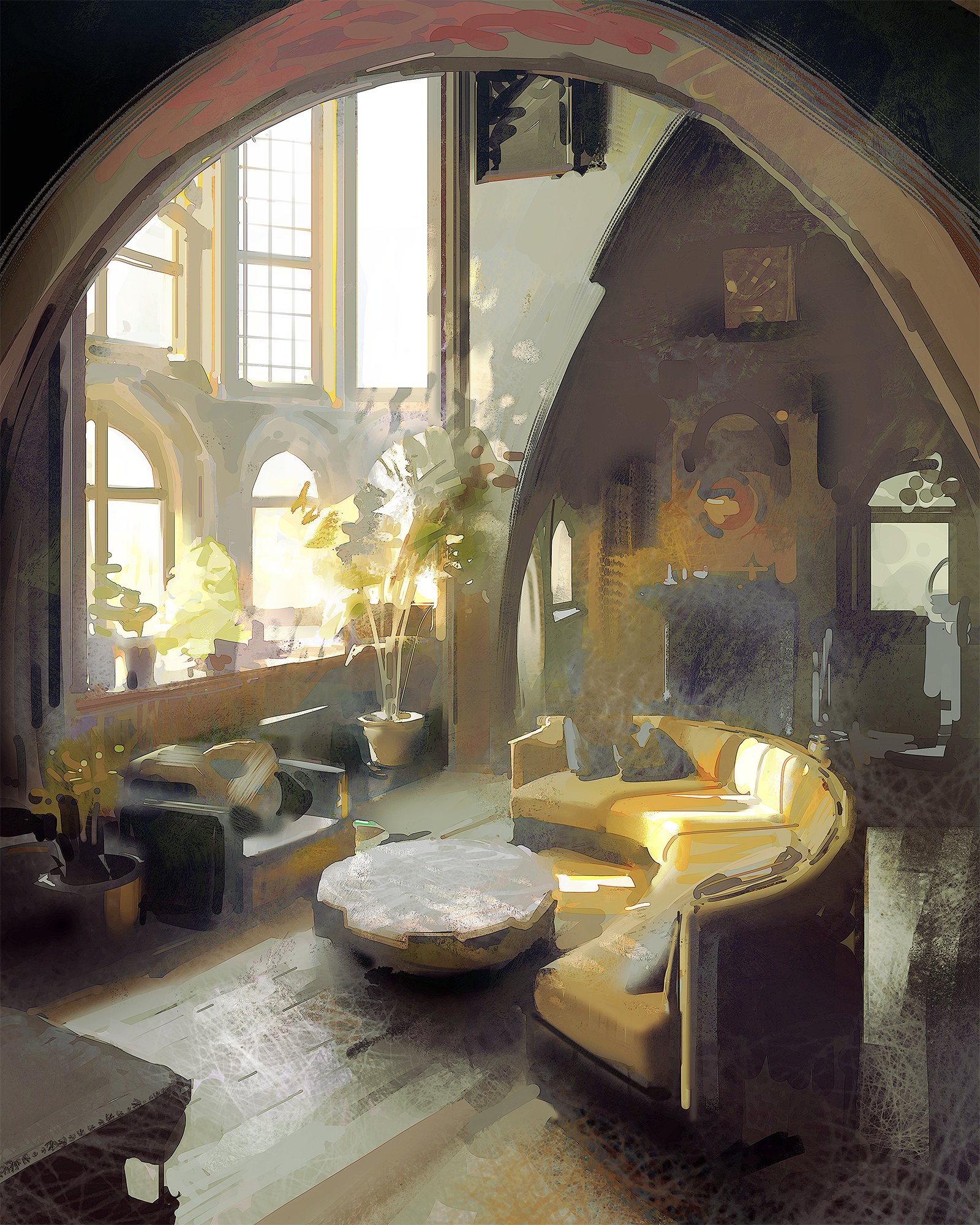 the image is a digital painting or illustration depicting the interior of a spacious and elegant living room.  the room features a large, curved, yellowtoned sofa as the focal point, situated in front of a large arched window allowing abundant sunlight to stream into the room. the architecture suggests elements of gothic design with arched windows and high ceilings.  there are plants strategically placed throughout the room, adding to the cozy and warm atmosphere. the style of the painting is loose and impressionistic, with visible brushstrokes contributing to the overall feel of the artwork.  the color palette is warm and inviting, dominated by yellows, browns, and muted greens. the perspective and lighting create a sense of depth and space, inviting the viewer to imagine themselves within this luxurious home.