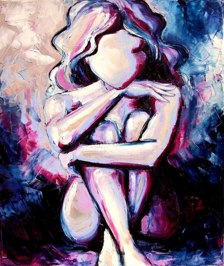 the painting depicts a woman sitting with her legs crossed. she is nude, with her arms wrapped around her legs. the woman's face is obscured, but her body is painted in a flowing, abstract style. the painting uses a variety of colors, including shades of purple, blue, pink, and white, creating a striking and emotional composition.