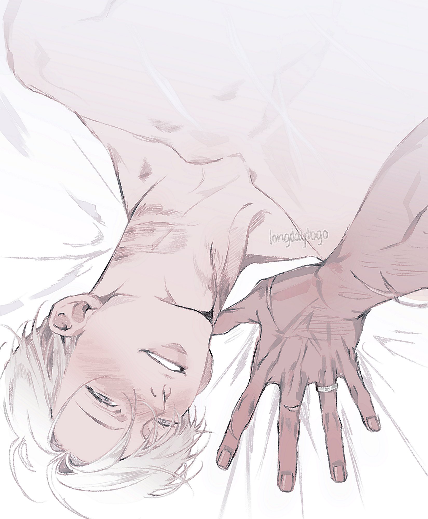 the image is a digital drawing or painting in a style reminiscent of anime or manga, specifically within the boys' love (bl) or yaoi genre. it depicts two men, only one of whom is clearly visible. the visible man is lying on a bed, his upper body exposed, showing a muscular physique. he has pale skin, long, lightcolored hair, and is shown from a slightly upward angle. his expression is soft, perhaps happy or content. a hand, presumably belonging to the other man, rests on the bed near the visible man. the hand wears a ring and appears to be caressing or lightly touching the first man. the overall mood of the artwork is intimate, gentle, and suggestive of a romantic relationship. the color palette is very soft, utilizing pastel shades of pink and white. the style of the artwork is delicate and slightly ethereal.