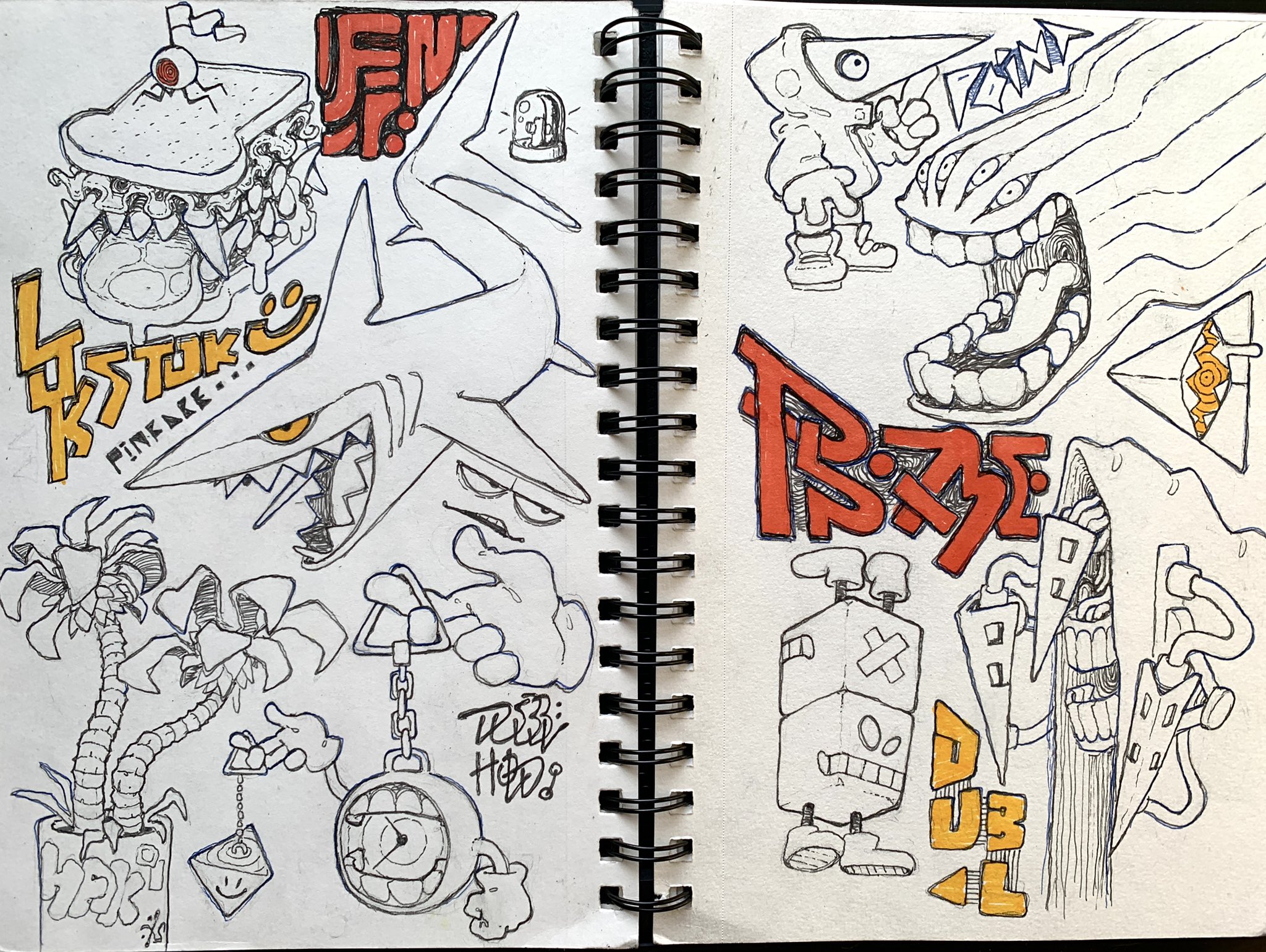 this image shows two pages from a sketchbook filled with monster drawings. the drawings are done in black ink and accented with yellow and orange highlights. on the left page is a large drawing of a sharklike monster with a speech bubble that reads "pineappple...". there's also a drawing of a sandwichlike monster with many eyes, a melting clock with eyes and teeth, and some robotic arms.  the top right of the page contains more japanese writing and a small robot. the right page contains a large drawing of a monster head with many eyes and teeth. the words "pizza" appear to be coming out of its mouth. there are also several robotlike drawings at the bottom of the page. the artist's signature appears to be on the left page underneath the clock.
