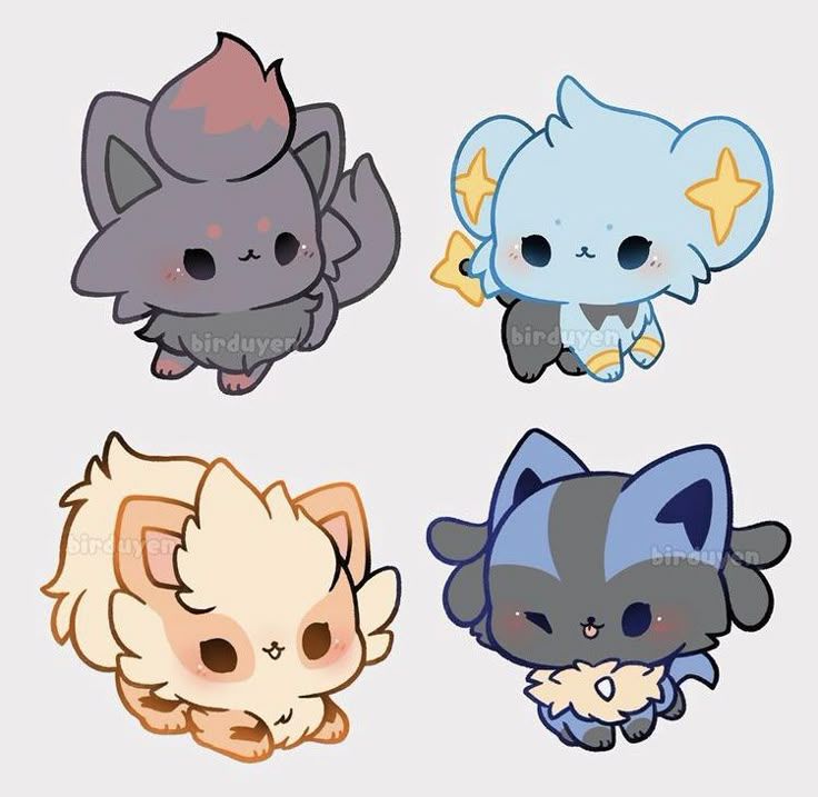 the image features four adorable chibistyle pokemon characters.  there is a grey and red pokemon with a fluffy tail, a blue pokemon with a yellow star, a tan pokemon with fluffy fur, and a black and blue pokemon with a fluffy tail. the characters are all drawn in a cute and stylized way, with big eyes and rounded bodies. the image is full of color and life, and it would be perfect for a child's book or a social media post.