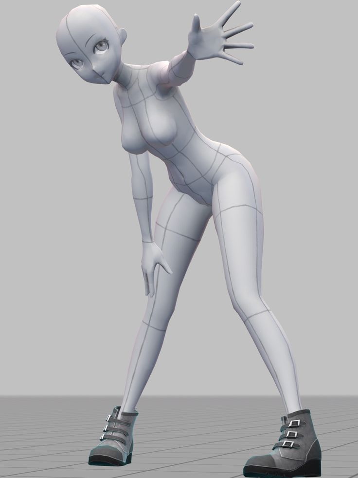 this is a 3d rendering of an anime girl in a white bodysuit wearing boots. she is in a pose with her left leg out, and her right leg is bent with her right foot facing forward. her hand is up in the air as if she is pointing forward. the background is gray.