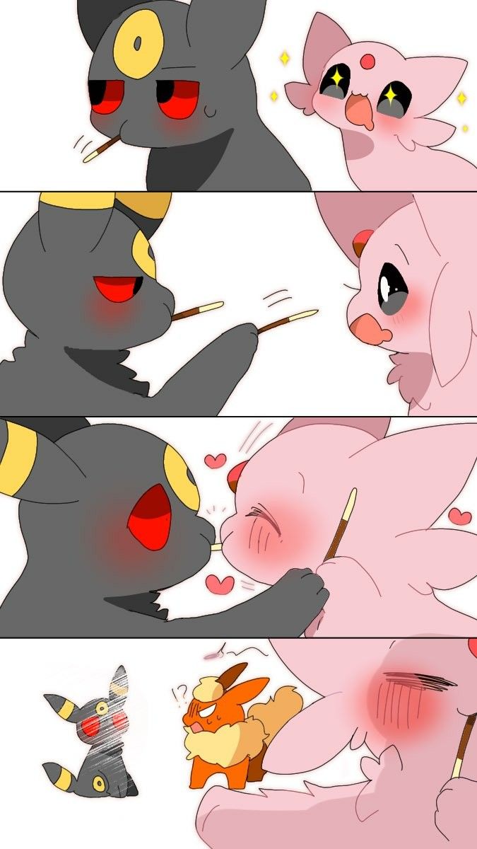 this is a four panel comic showing a cute interaction between two pokemon. panel one shows umbreon offering espon a stick of pocky (japanese chocolate covered biscuit stick) and espon blushing. panel two shows the two pokemon passing each other a stick of pocky.  panel three shows umbreon and espon with their faces close to each other, almost kissing.  panel four shows umbreon and espon, with a third pokemon looking on in shock.  the whole image is very cute and funny.