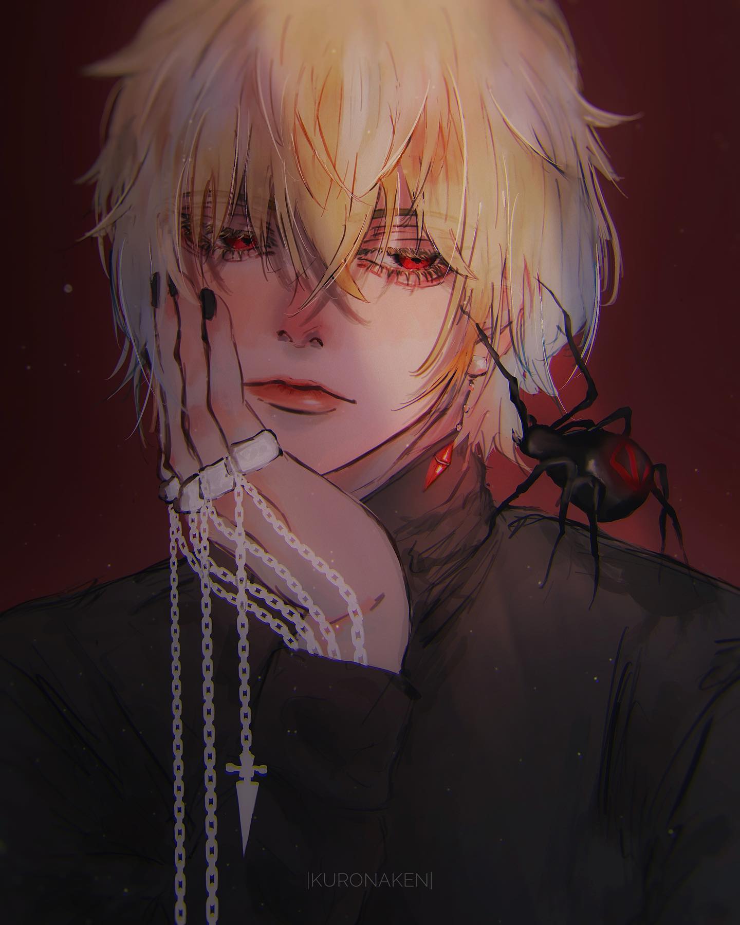 the image is a digital painting or illustration of an animestyle young man. he has shoulderlength blond hair, striking red eyes, and pale skin. he's dressed in dark, elegant clothing, and wears several chains with a cross pendant around his neck and wrist.  a black widow spider is perched on his shoulder. his expression is somewhat pensive or mysterious. the overall style is gothic or darkromantic. the artist's signature, "ikuronakeni," is visible in the bottom right corner. the background is a dark, muted red. the artwork is highly detailed, showing a strong focus on texture and light.