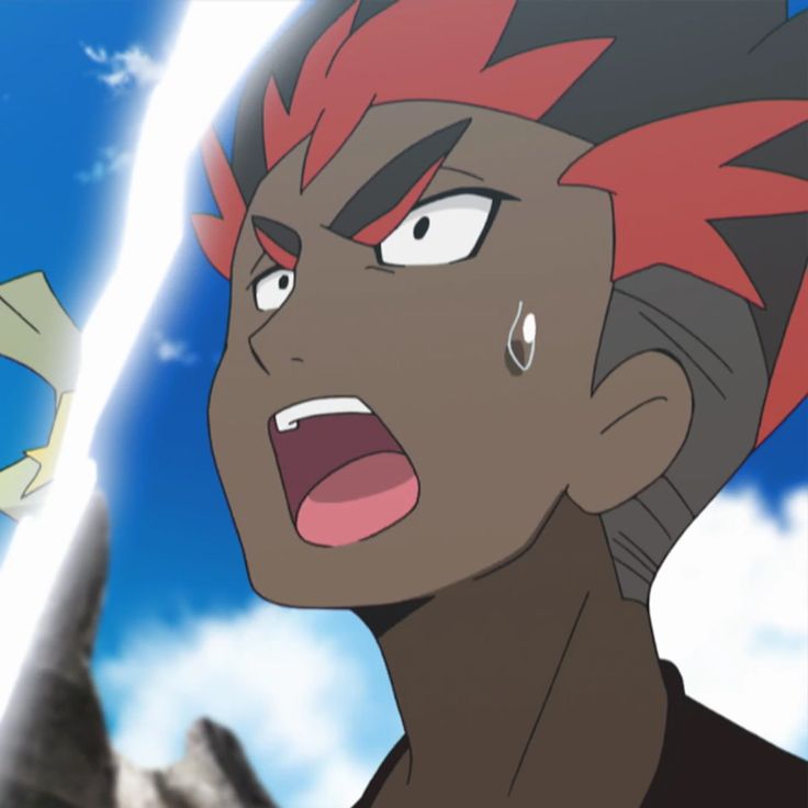 a cartoon character, possibly a male anime character, with red hair and a shocked expression. he is looking up with his mouth open and wide eyes. the background features blue skies with clouds, mountains, and a bright light, possibly lightning.