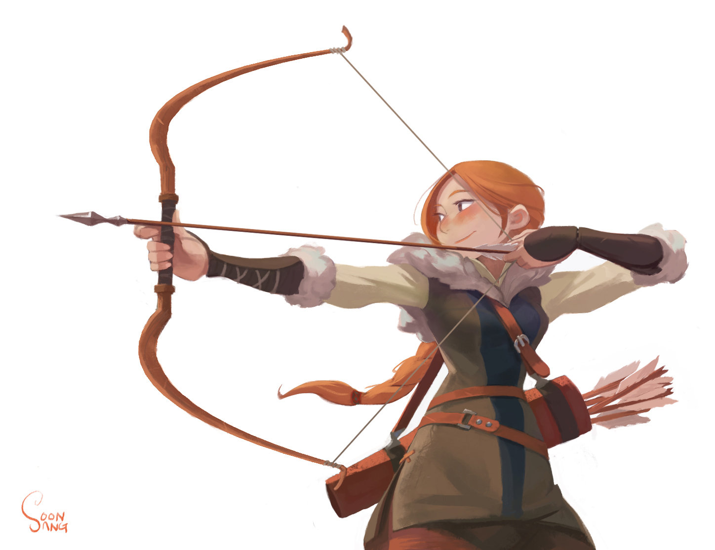 a female archer with long red hair is captured aiming her bow and arrow towards the left. she has a determined expression and is dressed in brown and blue medievalinspired clothing with fur trim. she carries a quiver of arrows on her back and wears bracers on her arms. the background is plain white, emphasizing the archer. the artwork has a soft, almost painterly style.