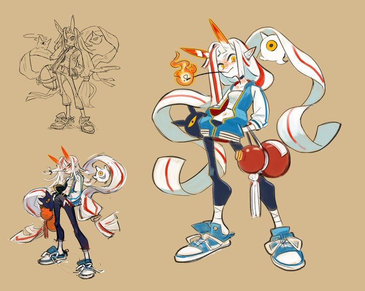 the image showcases the design process of a female character, possibly an oni or yokai inspired character. three stages are shown. the first is a rough pencil sketch of a girl with horns and flowing clothes. the second is a more refined color sketch of the character.  the final image is a fully rendered digital painting of the character.  the character is depicted wearing a stylish mix of traditional japanese elements (horns, flowing white cloth reminiscent of a kimono) with modern streetwear (sneakers, a tracksuitstyle jacket). she carries what looks like a pair of chinese medicine balls. the overall style is vibrant, whimsical, and incorporates elements of both fantasy and modern aesthetics.  the art style is distinctly anime/mangainfluenced, characterized by expressive features and dynamic posing.