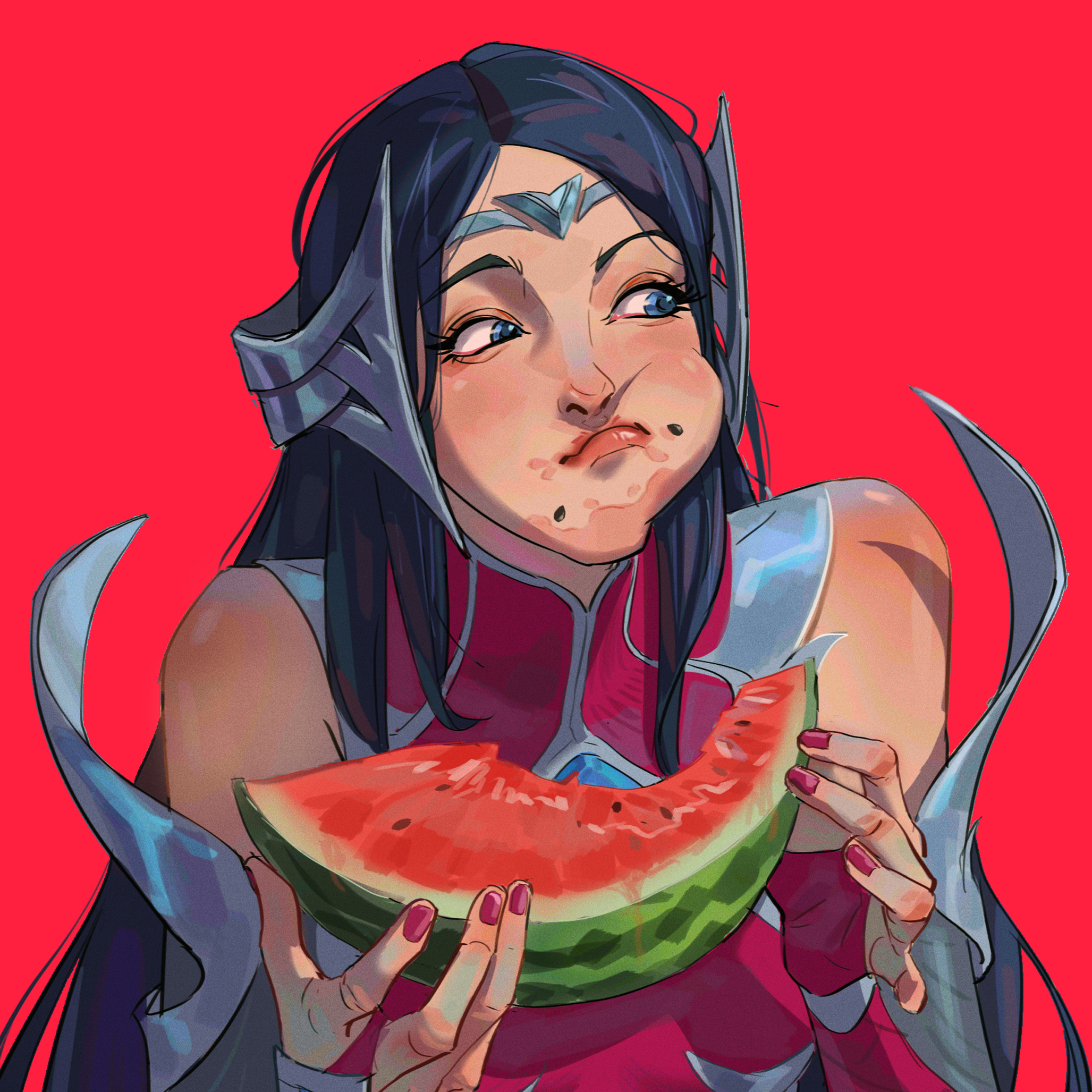 a closeup shot of an anime girl, wearing a pink and white outfit, with a blue headband, with a cute expression on her face as she eats a slice of watermelon. the background is a bright red, and the overall style is bright and vibrant, with a lot of detail on the character's hair and outfit.