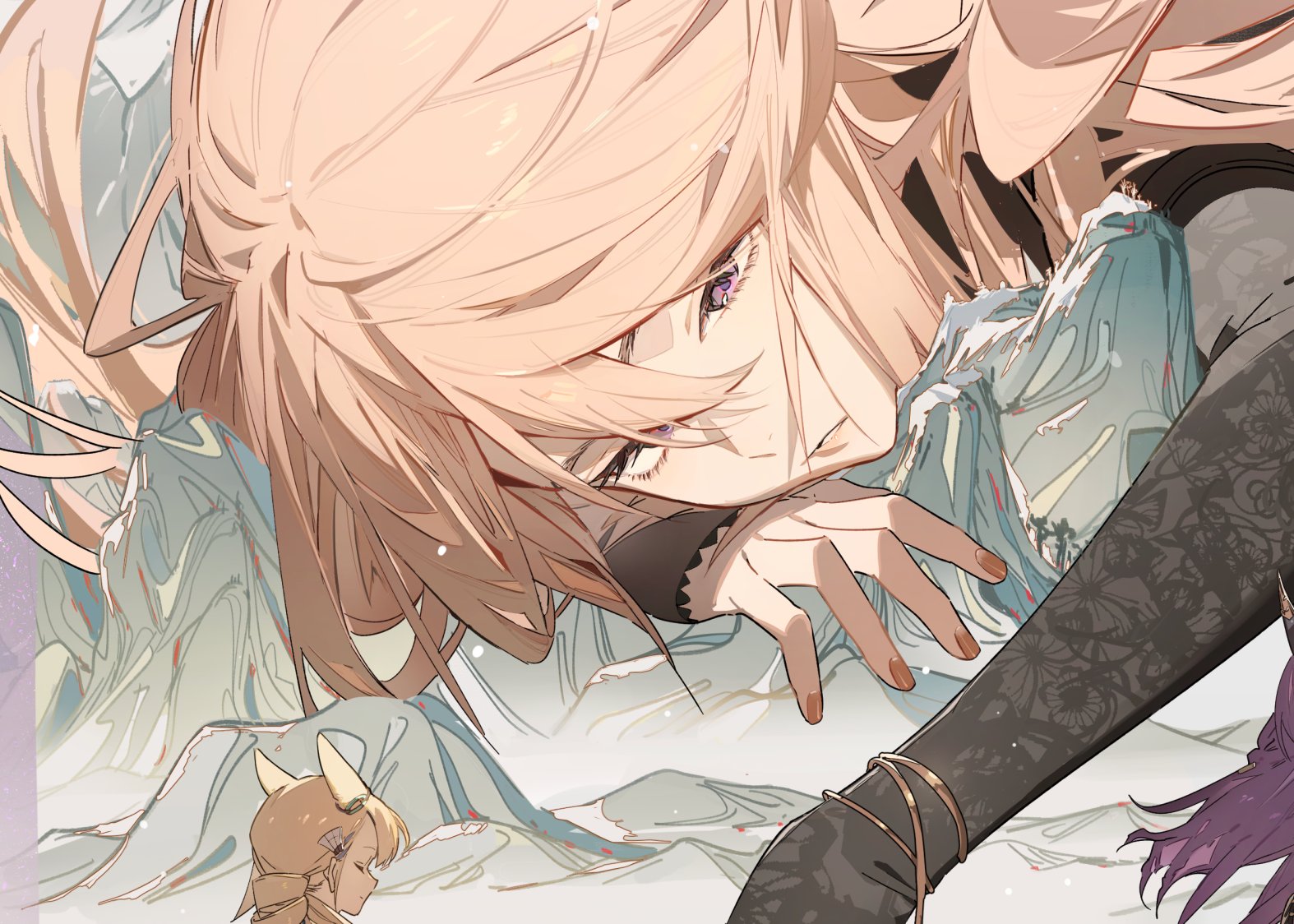 the image is a detailed animestyle illustration featuring a large, strikingly beautiful woman with long, flowing blonde hair and purple eyes.  she is lying down, her head resting on her hand, seemingly in a contemplative or serene pose. her clothing is elaborate and features intricate designs.  the background is a stylized, fantastical landscape of pale mountains and clouds. in the lower left, a much smaller girl with blonde hair and ears resembling those of a fox or similar creature is visible.  the overall aesthetic is ethereal, peaceful, and emphasizes soft, pastel colors. the style is reminiscent of character design found in manga and light novels.
