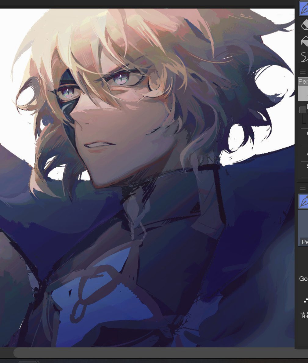the image is a digital illustration of a male character in an anime style. the character has blonde, shoulderlength hair and striking blue eyes. he wears a blue and black outfit and has a serious, focused expression. a mask covers part of his face, adding an element of mystery. the artwork has a painterly feel with visible brushstrokes and a dynamic use of light and shadow.