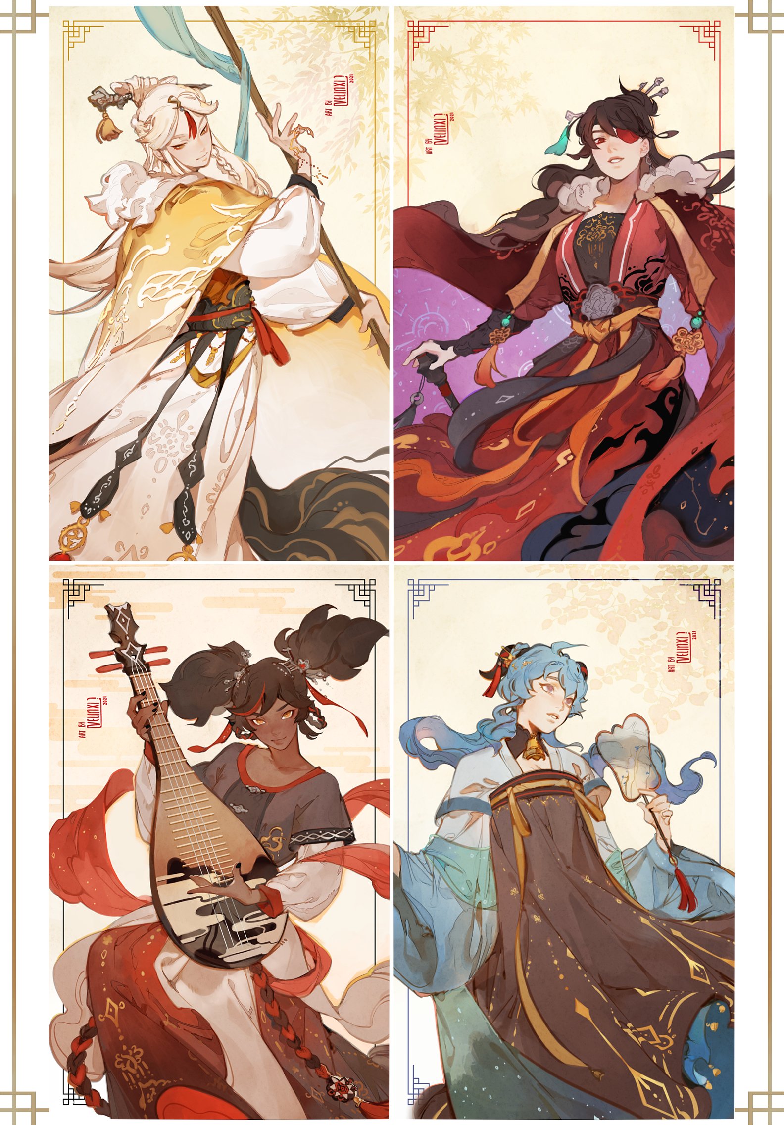 the image is a collection of four illustrations featuring animestyle characters in traditional chineseinspired clothing. each character is depicted in a separate panel arranged in a 2x2 grid. the top left character is male, wearing a white and yellow robe and holding a polearm. the top right character is female, wearing a red and black outfit with an eyepatch. the bottom left character is female, playing a musical instrument similar to a pipa, dressed in a red and white ensemble. the bottom right character is male, dressed in a blue and brown outfit and holding a fan. all characters have unique hairstyles and color palettes, and their clothing is adorned with intricate details. the background of each panel is slightly different, but all are in warm tones and feature traditional chinese patterns.