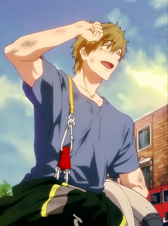 this is a digital illustration of an anime character dressed as a firefighter. he is a young, muscular man with short brown hair and green eyes. he is wearing a blue tshirt with a yellow strap over his right shoulder and black firefighter pants. he is smiling and wiping sweat from his brow with his right hand, and appears to be looking at something in the distance to the left of the viewer. he is standing in front of a fire truck on a city street in the daytime. the background is blurry and out of focus, suggesting the character is the main subject. the colors are bright and warm, with a sunny sky and bright blue accents in the character's clothing.