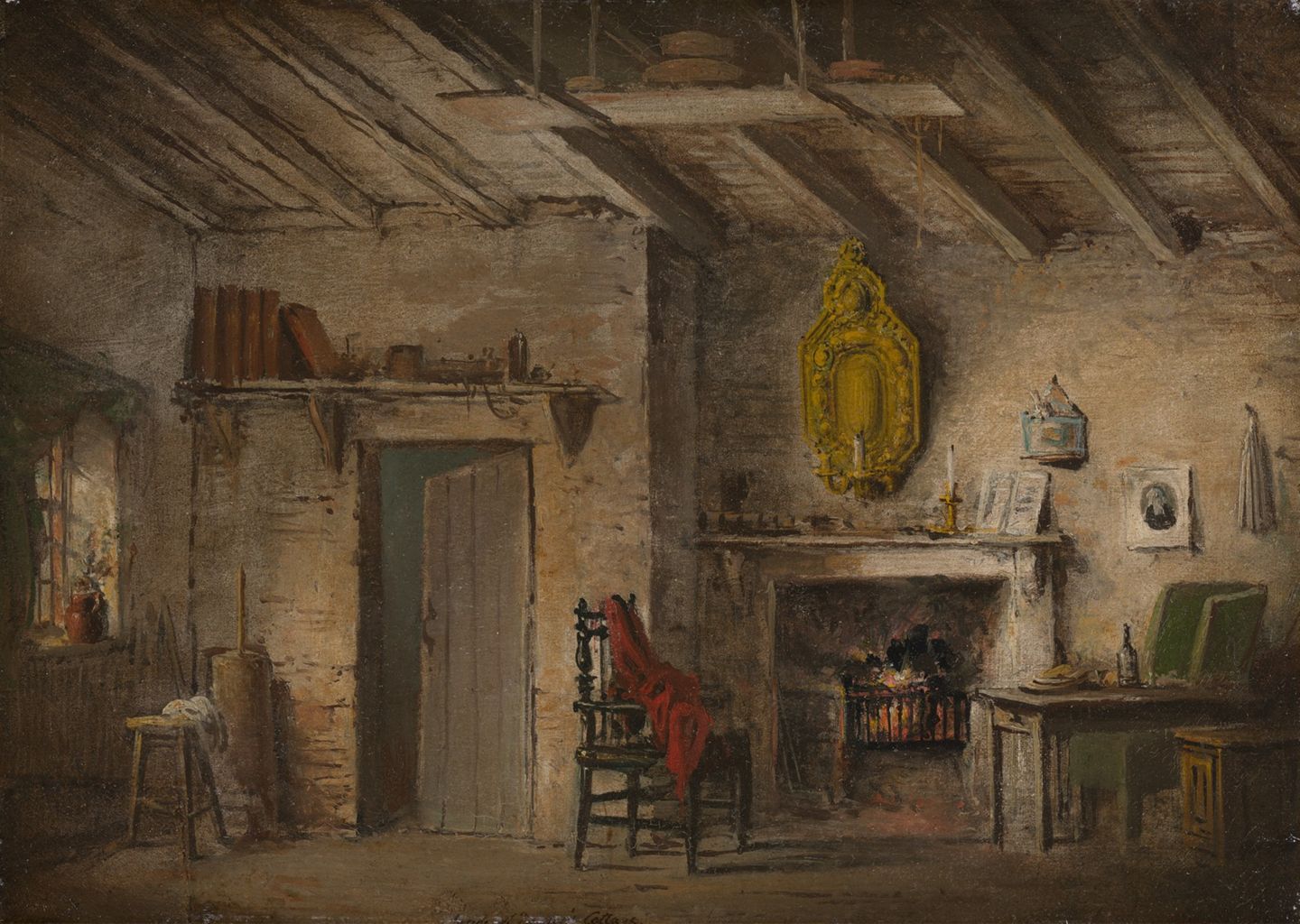the image is a painting depicting the interior of a room. a fireplace with a fire burning inside is in the center of the room. above the fireplace is a mantel with candles and other objects on it. a gilded mirror hangs on the wall above the mantel. to the left of the fireplace is a chair with a red cloth draped over it. to the right of the fireplace is a table with a bottle and other items on it, and two chairs. on the left side of the room, there is a doorway, a window with a flower pot, and a stool. the room has exposed brick walls and wooden beams in the ceiling. various objects are on a shelf above the doorway. the painting is rendered in a realistic style with a warm color palette.