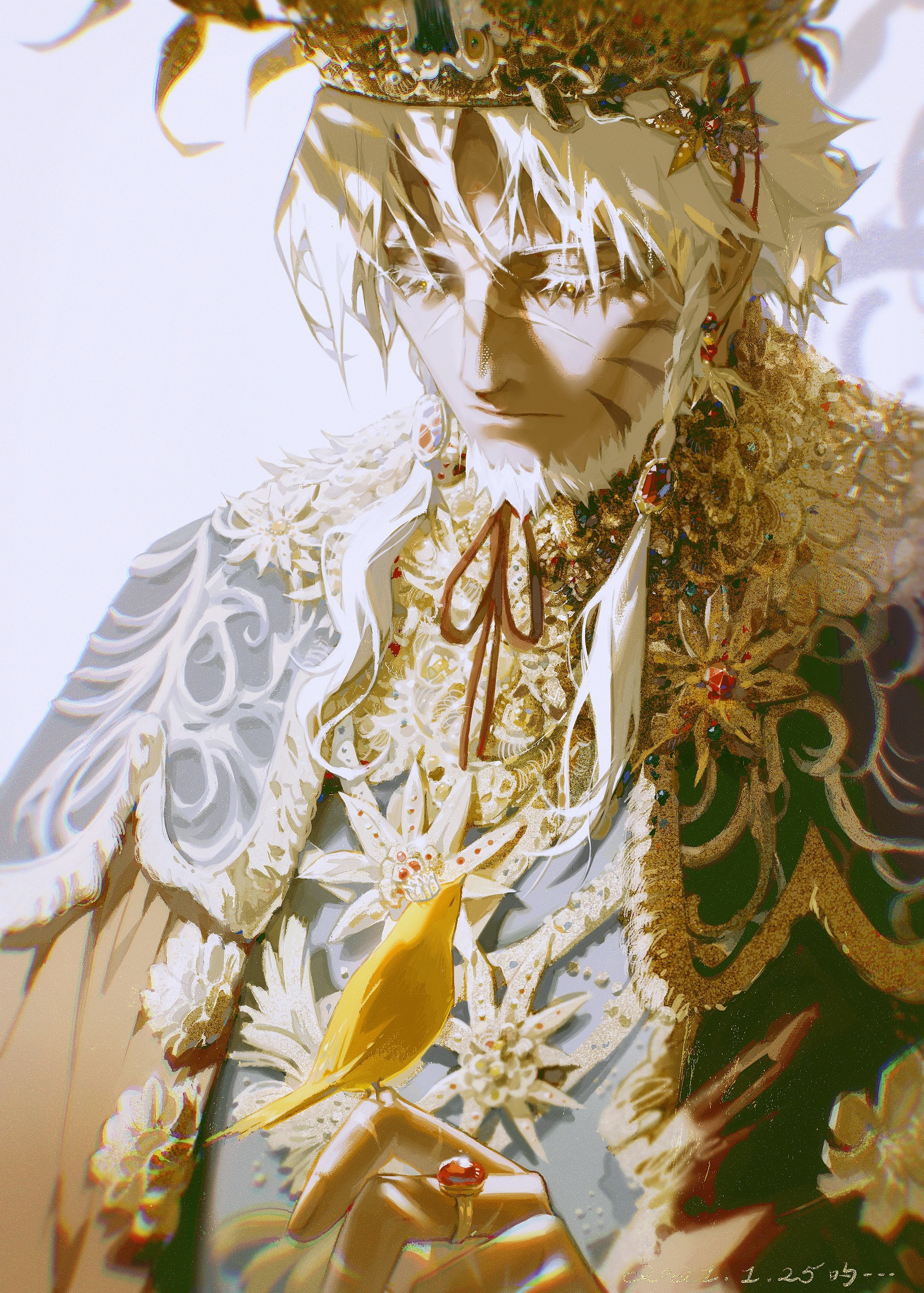 a portrait of a handsome anime man with long white hair, wearing a gold crown and ornate clothing,  holding a yellow bird in his hand. the man is wearing a gold ring with a ruby on his finger. the background is light and blurry.  the image is full of intricate details and is rendered in a beautiful art style.