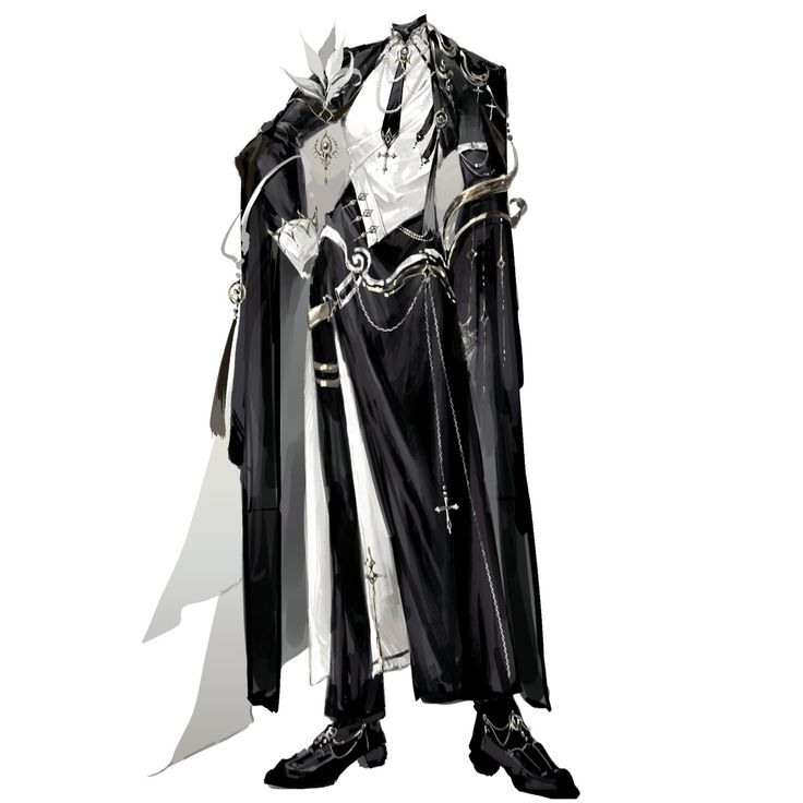 the image is a stylized illustration or concept art of a headless figure adorned in an elaborate black and white outfit. the ensemble consists of a long, flowing black coat over a white undergarment. the undergarment appears to be a white shirt or vest with a high collar, and the coat has intricate detailing, including gold embellishments, chains, and what looks like a cross near the hem. the style evokes a mix of gothic fashion, dark academia, and possibly ecclesiastical influences, with elements resembling priestly garb. the overall aesthetic is highly fashionable and dramatic.  the figure's shoes are visible, dark colored and stylish, further enhancing the refined and formal tone of the clothing.  the lack of a head adds to the mysterious and somewhat abstract nature of the piece.