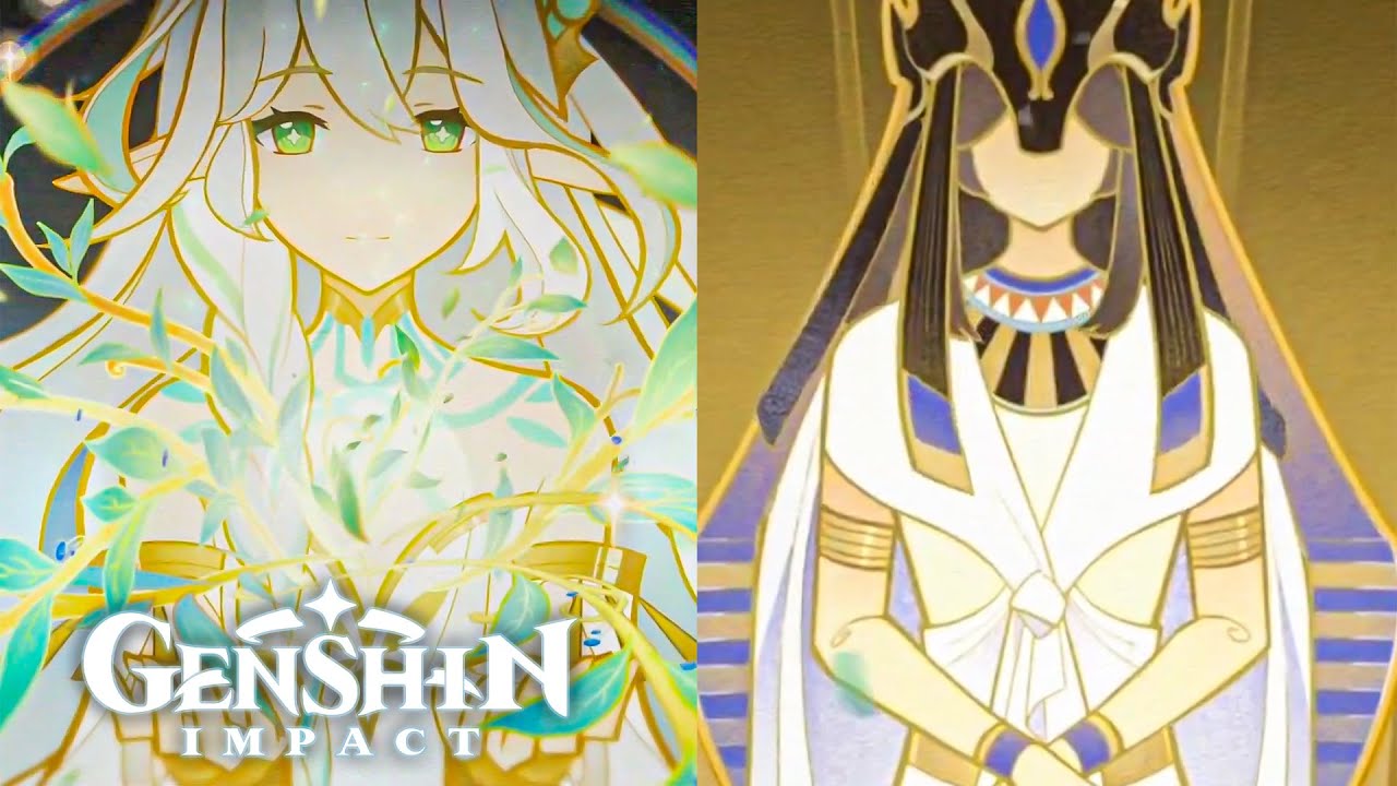 two female characters from the game genshin impact.  on the left, is the character with a bright green eye and white hair. she's  wearing a white and gold outfit  and surrounded by leafy vines. the character on the right is wearing a white, blue, and gold outfit that includes a headdress with a blue eye in the center. she has black hair and a gold headdress.  both characters appear to be on gold and white backgrounds.  the genshin impact logo is at the bottom left corner of the image.