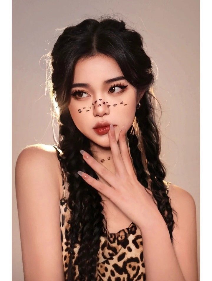 a young woman poses for a portrait, showcasing a trendy makeup look and hairstyle. she has long black hair styled in two braids, with a few strands framing her face. she wears a leopard print top and has on makeup that accentuates her features, including dark lipstick, winged eyeliner, and faux freckles. the image is welllit and taken from a flattering, eyelevel perspective.
