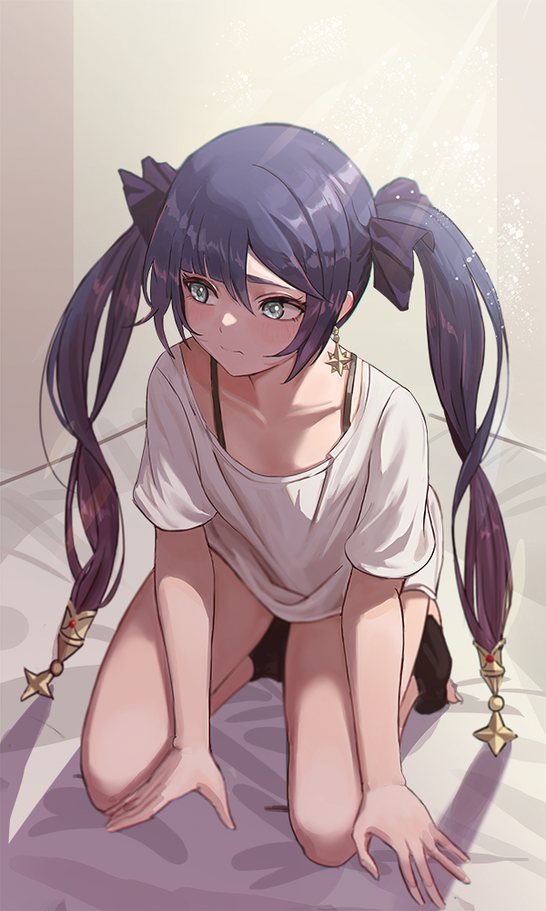 the anime illustration features a young girl with long, flowing blue hair styled in twintails. she kneels on a bed, her head slightly tilted down, conveying a sense of sadness or contemplation. the soft lighting casts gentle shadows, adding to the introspective mood. her attire consists of a simple white tshirt and black shorts, while golden starshaped ornaments adorn her hair ties. the color palette is soft and muted, with shades of purple and gray dominating the scene.
