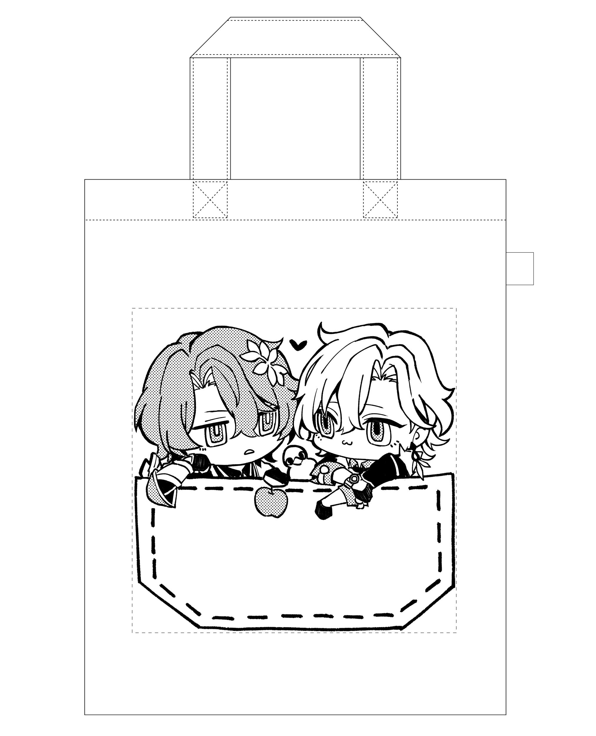 this is a black and white illustration of a tote bag featuring two chibi characters from anime or manga, one is holding a red apple. the image is designed to be printed on a tote bag, with the characters in the pocket design of the bag.