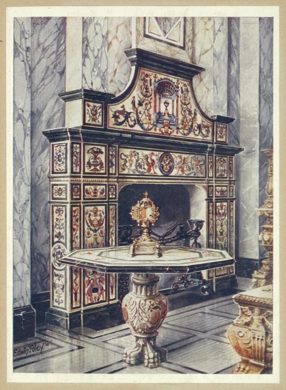 this image is a watercolor painting of an ornate fireplace and table within a marbleclad room. the fireplace is highly decorative with intricate designs and what appears to be inlaid marble or stone. a table with a decorative stand sits in front of the fireplace, holding a religious artifact that looks like a reliquary or monstrance. the room itself features marble walls with vertical patterns, creating a luxurious and classical atmosphere. the artwork is detailed and emphasizes the craftsmanship and design of the objects and space.