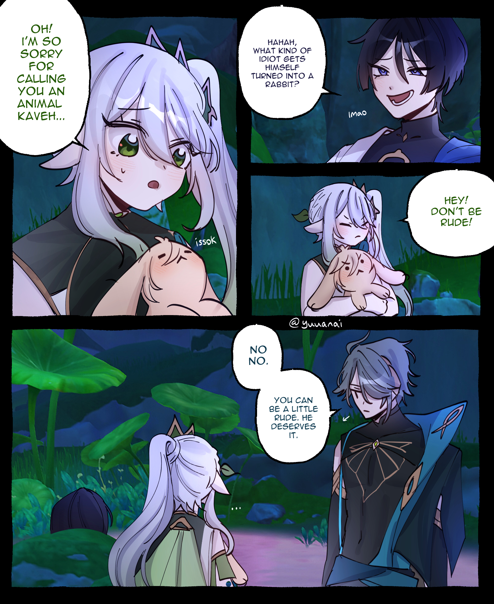 a comic strip with characters from the game genshin impact. kaveh is standing with a rabbit and albedo is talking to him, kaveh is angry and albedo is making fun of him. in the next panel, albedo is telling another character, itto, to be rude to kaveh. in the last panel, itto is giving kaveh a dirty look.