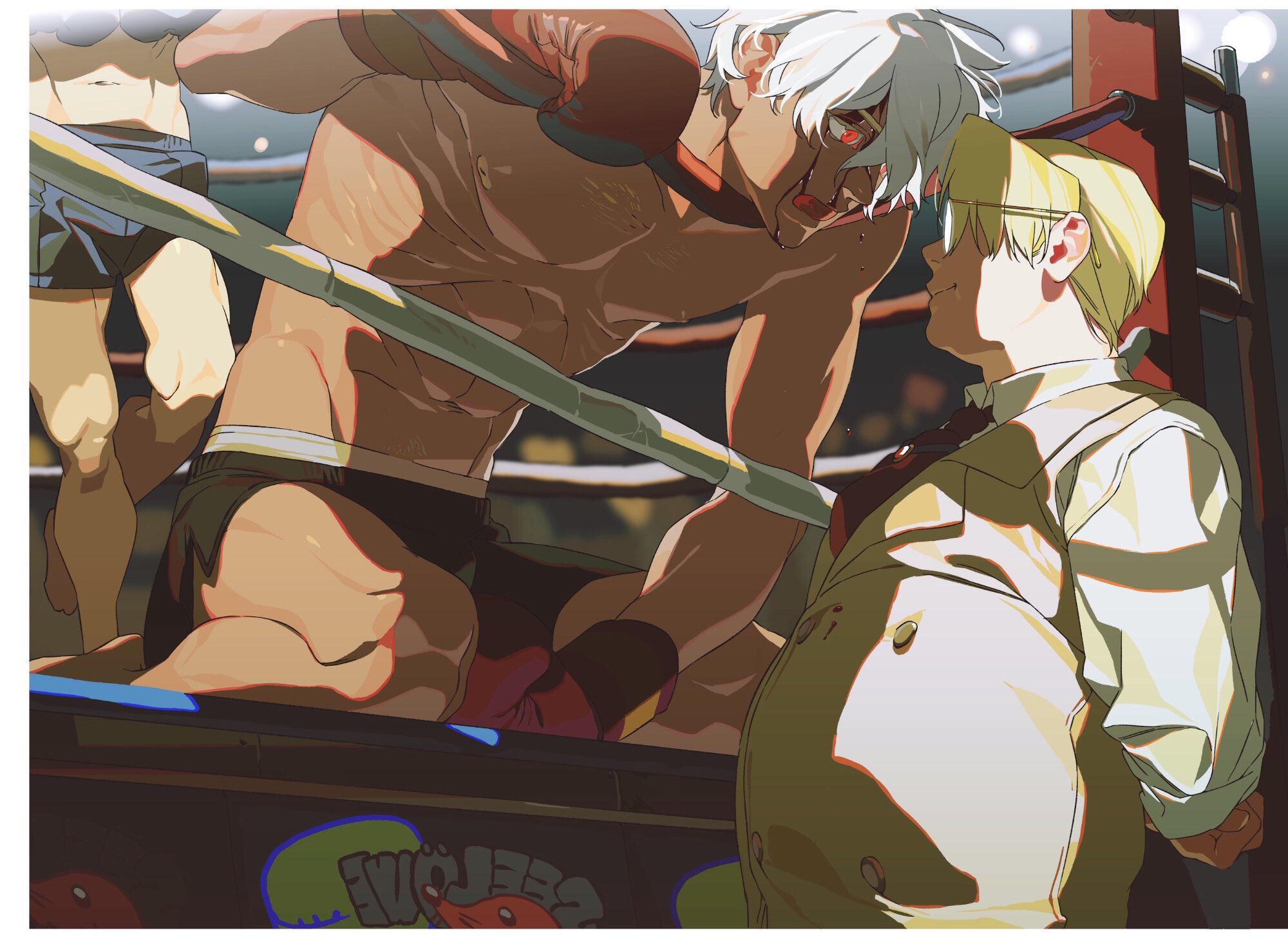 an illustration shows a boxer with white hair, red eyes, and bloodied face leaning on the ropes of a boxing ring, facing a man with blond hair and glasses. the boxer is muscular and has sweat on his skin. the man is wearing a lightcolored shirt. the boxing ring has ropes and a metal frame.