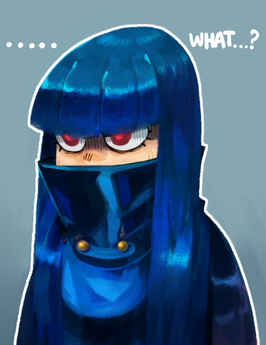 a closeup shot of a bluehaired anime girl with red eyes looking at the camera with a surprised or curious expression. her hair is long and straight and she has a blue mask covering the bottom half of her face. her expression is that of someone who is surprised or curious, and the text "what...?" is written to the right of the image.