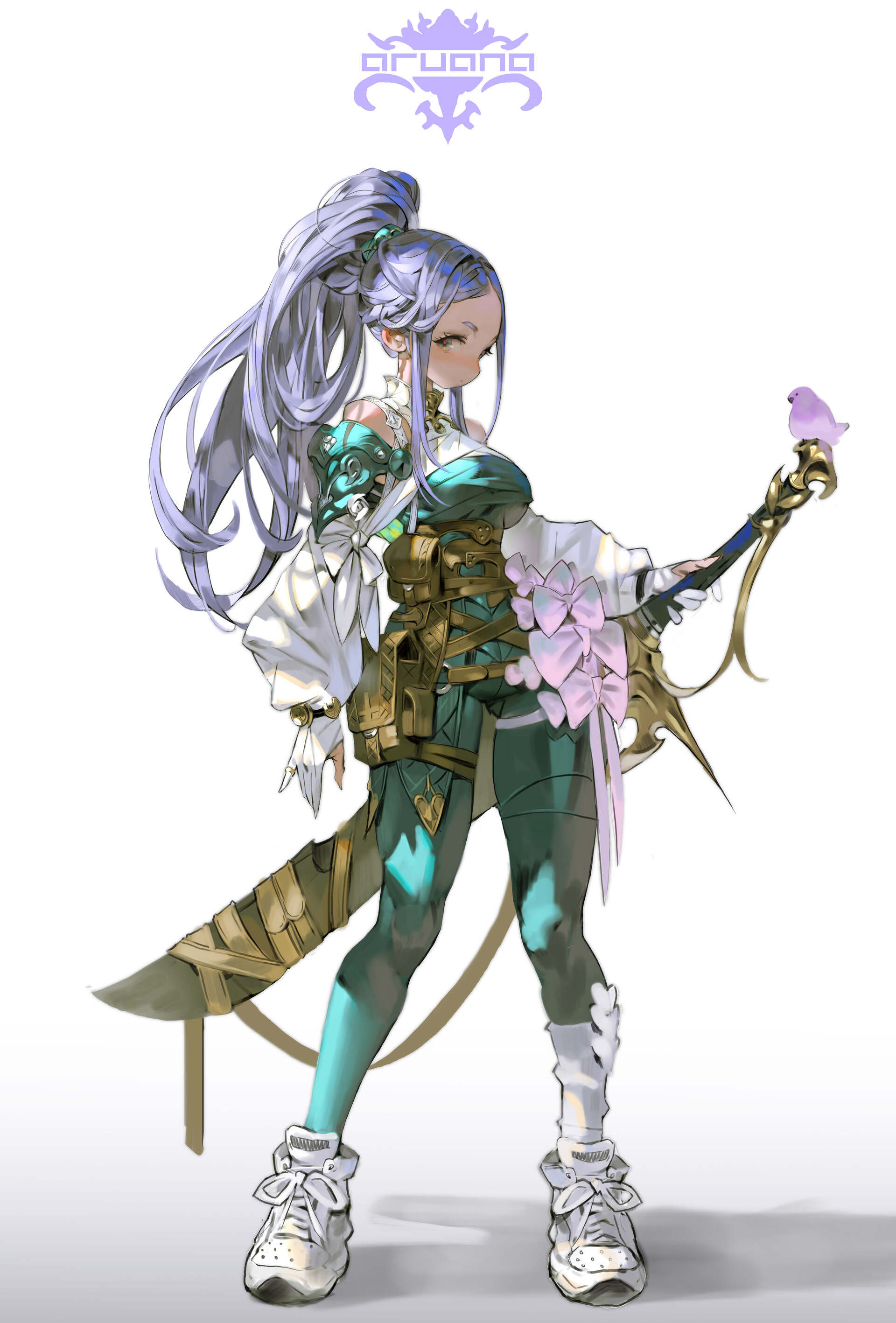 the image is an illustration of an anime girl in a fantasy setting. she has lavender hair in a high ponytail and is wearing a green outfit with various details like flowers, ribbons, buckles, and pouches. she is also wearing white sneakers. she is holding a weapon, and there is a small purple bird perched on it. she has light skin and a fair complexion. the "arvana" logo is at the top of the image.