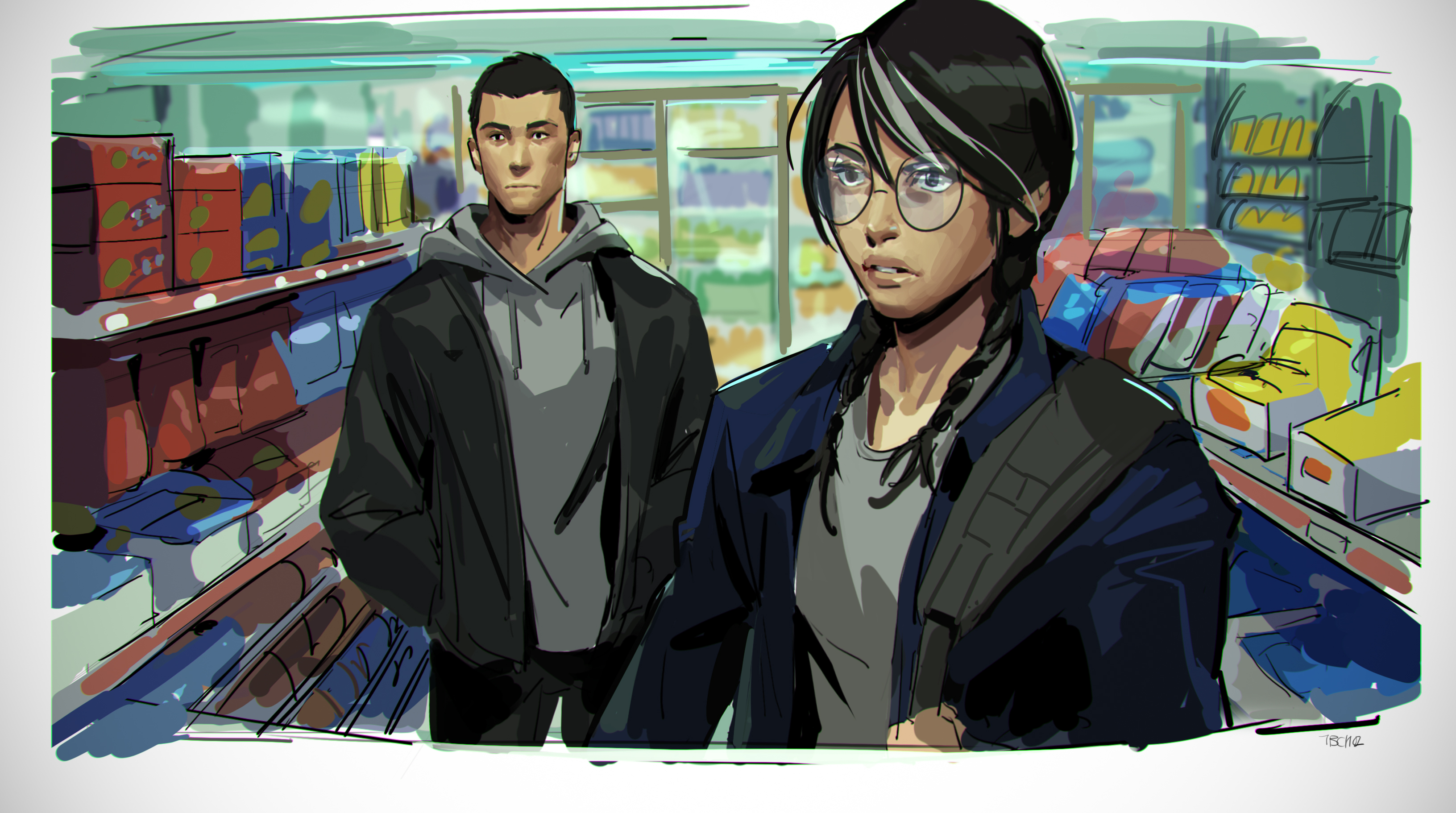 a digital painting depicting a young man and woman standing in a convenience store. the man is wearing a black jacket and a grey hoodie, while the woman is wearing a dark blue jacket and glasses. the style is semirealistic with loose brushstrokes and muted colors. the scene is set in a convenience store with various snacks and drinks displayed on shelves. the overall mood is calm and slightly melancholic. the artist's signature "tbcm2" is visible in the bottom right corner.